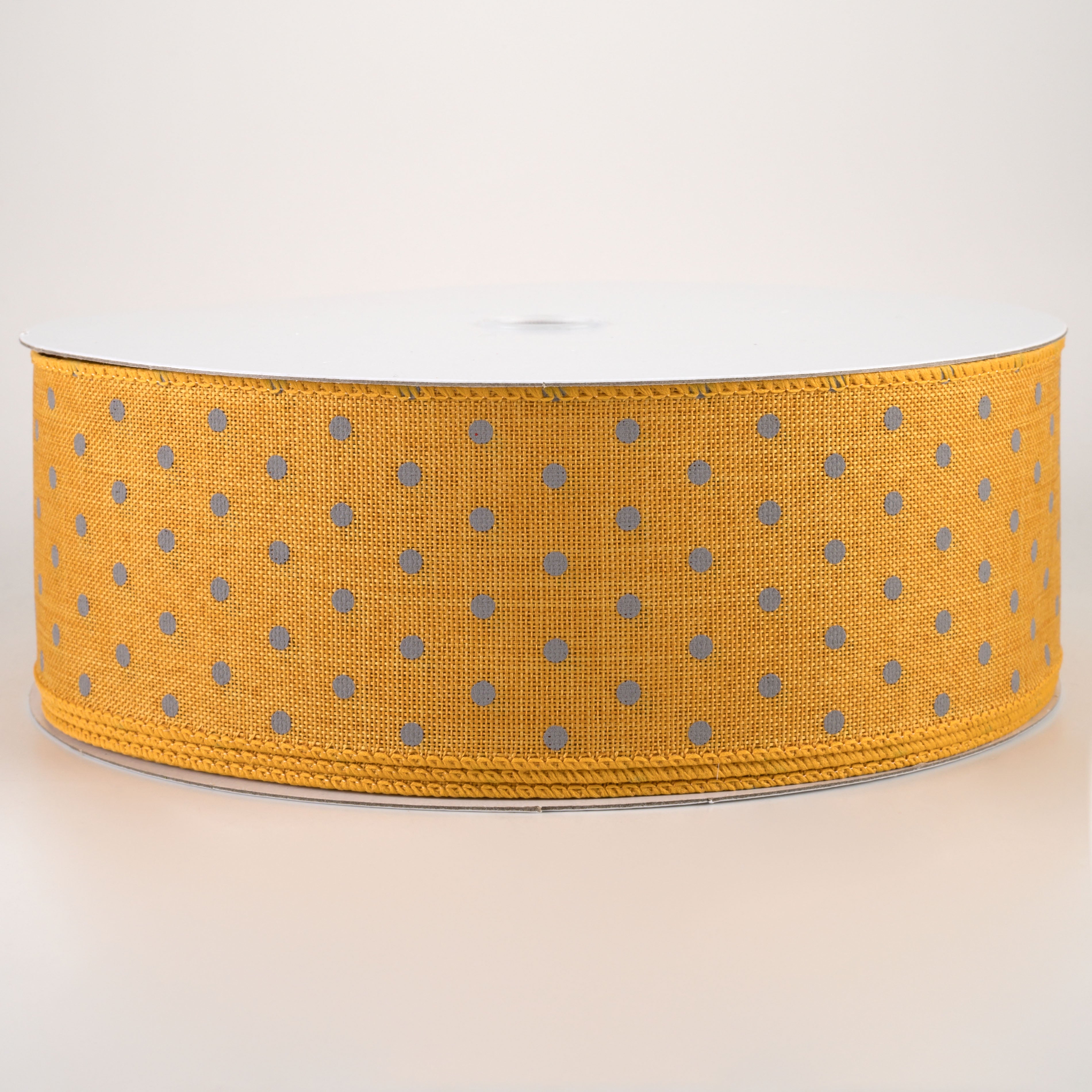 2.5" Tiny Dots Linen Ribbon: Grey on Sunflower (50 Yards) Item Number: 861-40-218