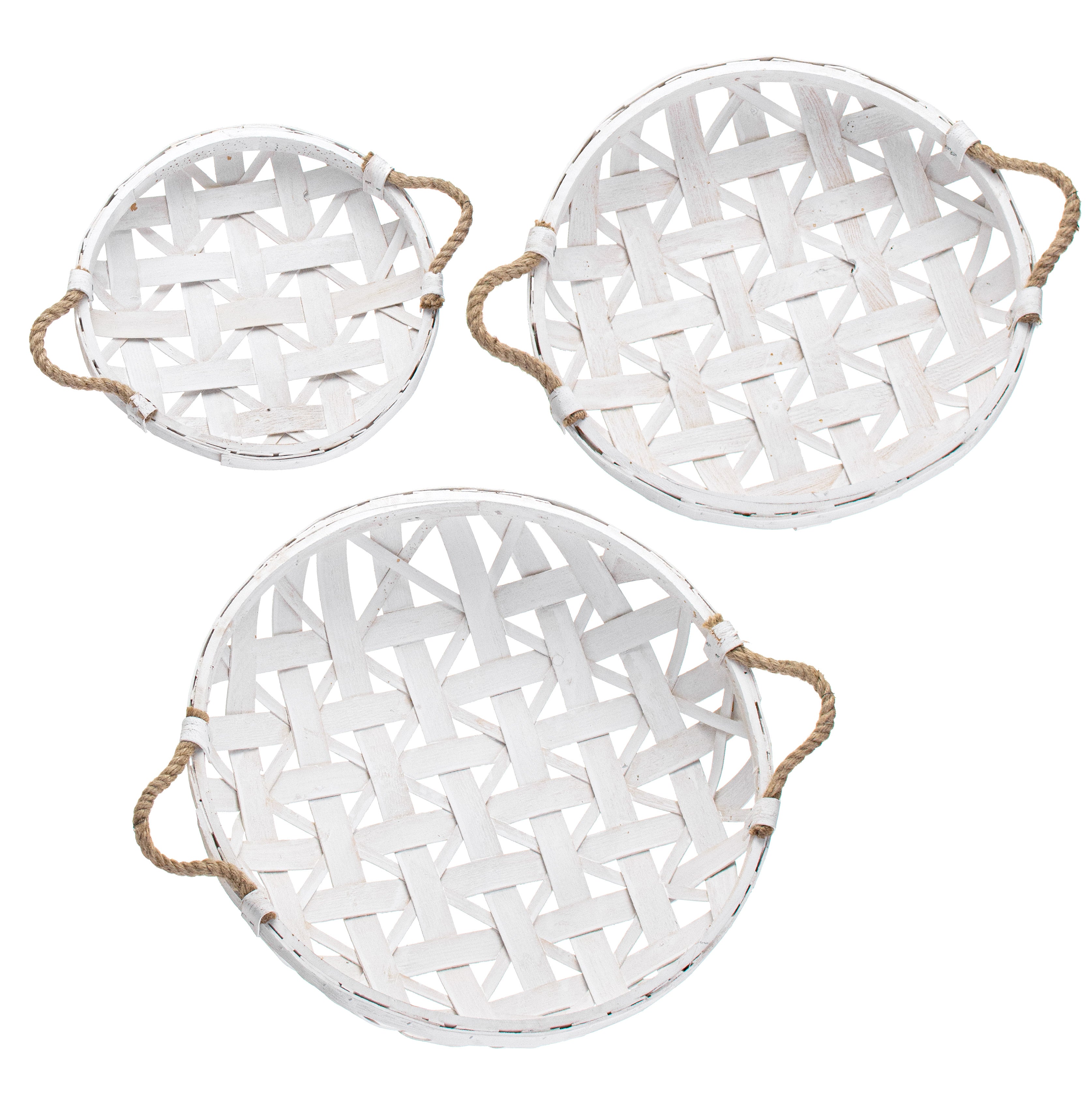 12-16 Tobacco Basket With Jute Handles: Round White Wash (Set of 3)