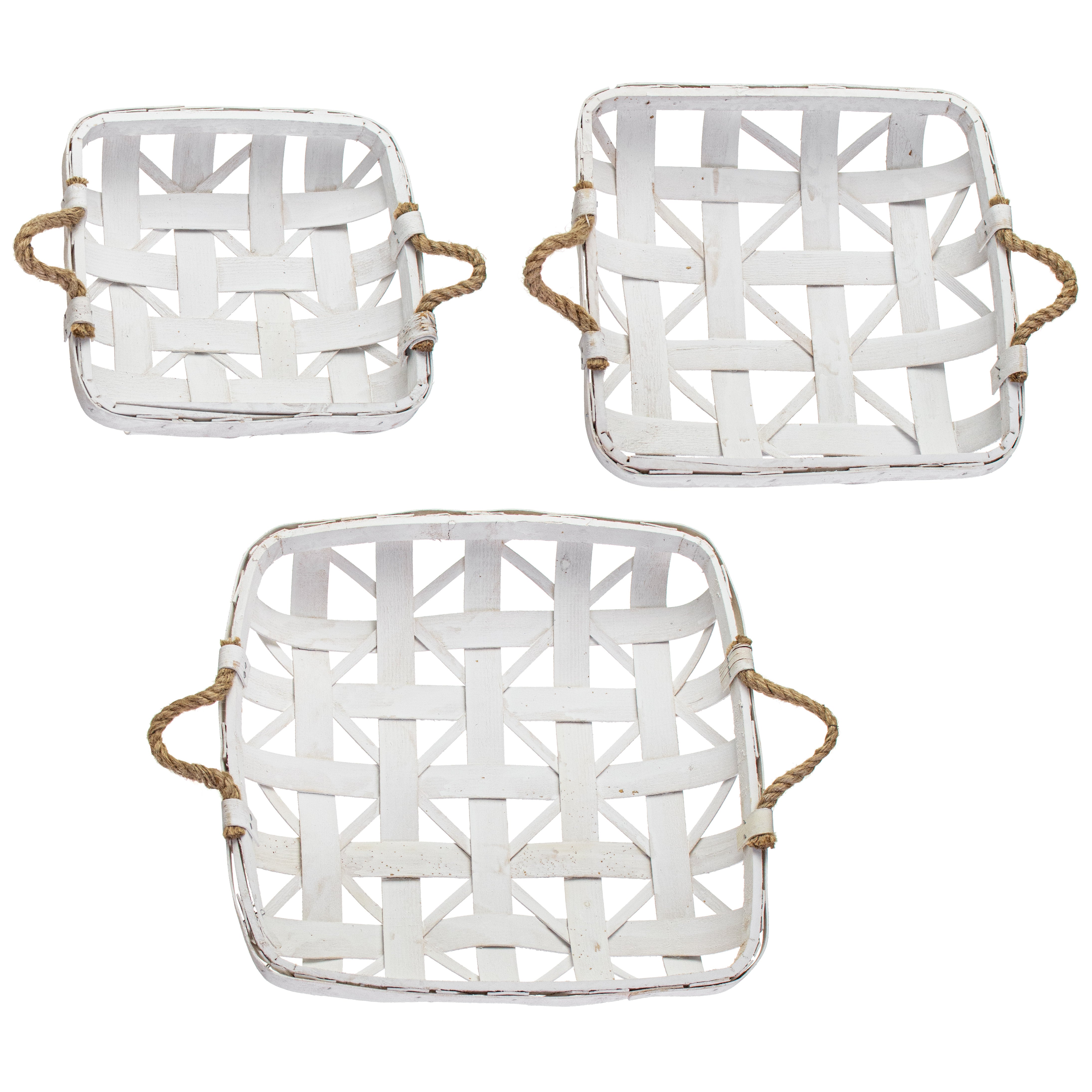 11-15 Tobacco Basket With Jute Handles: Square White Wash (Set of 3)