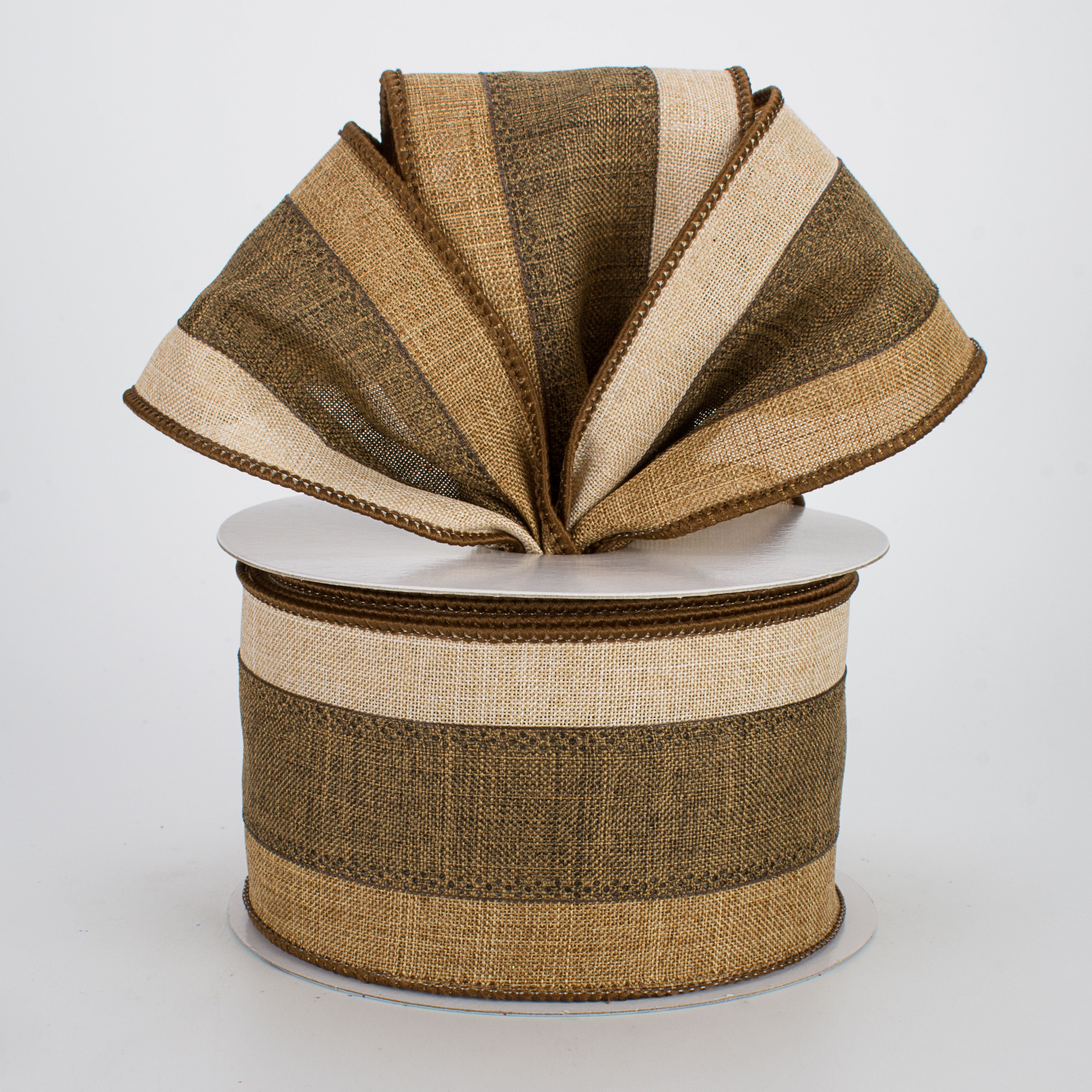 2.5" Tricolor Striped Ribbon: Tan & Brown (10 Yards) Lifestyle Photo