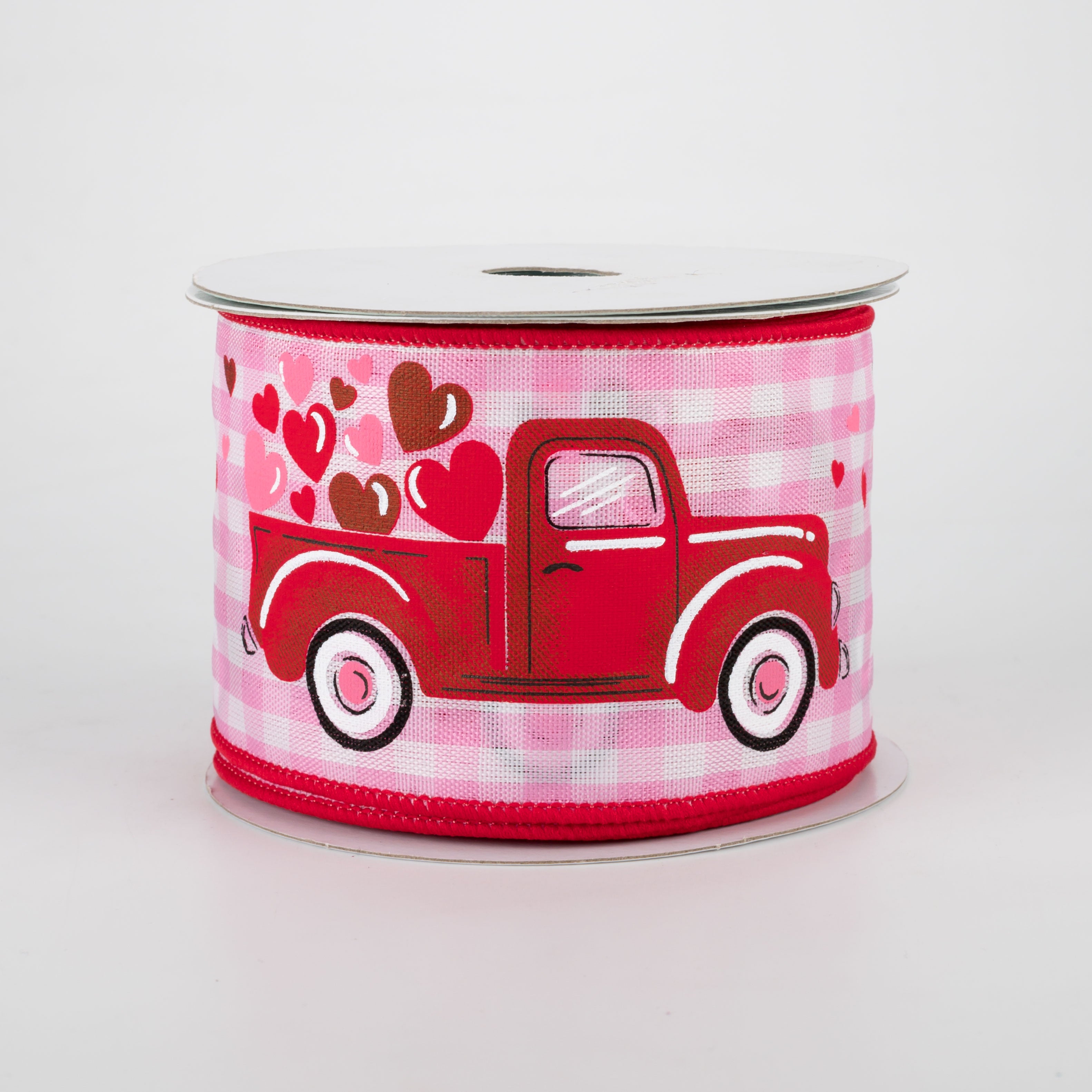 2.5" Truck With Hearts Gingham Check Ribbon: Light Pink (10 Yards)