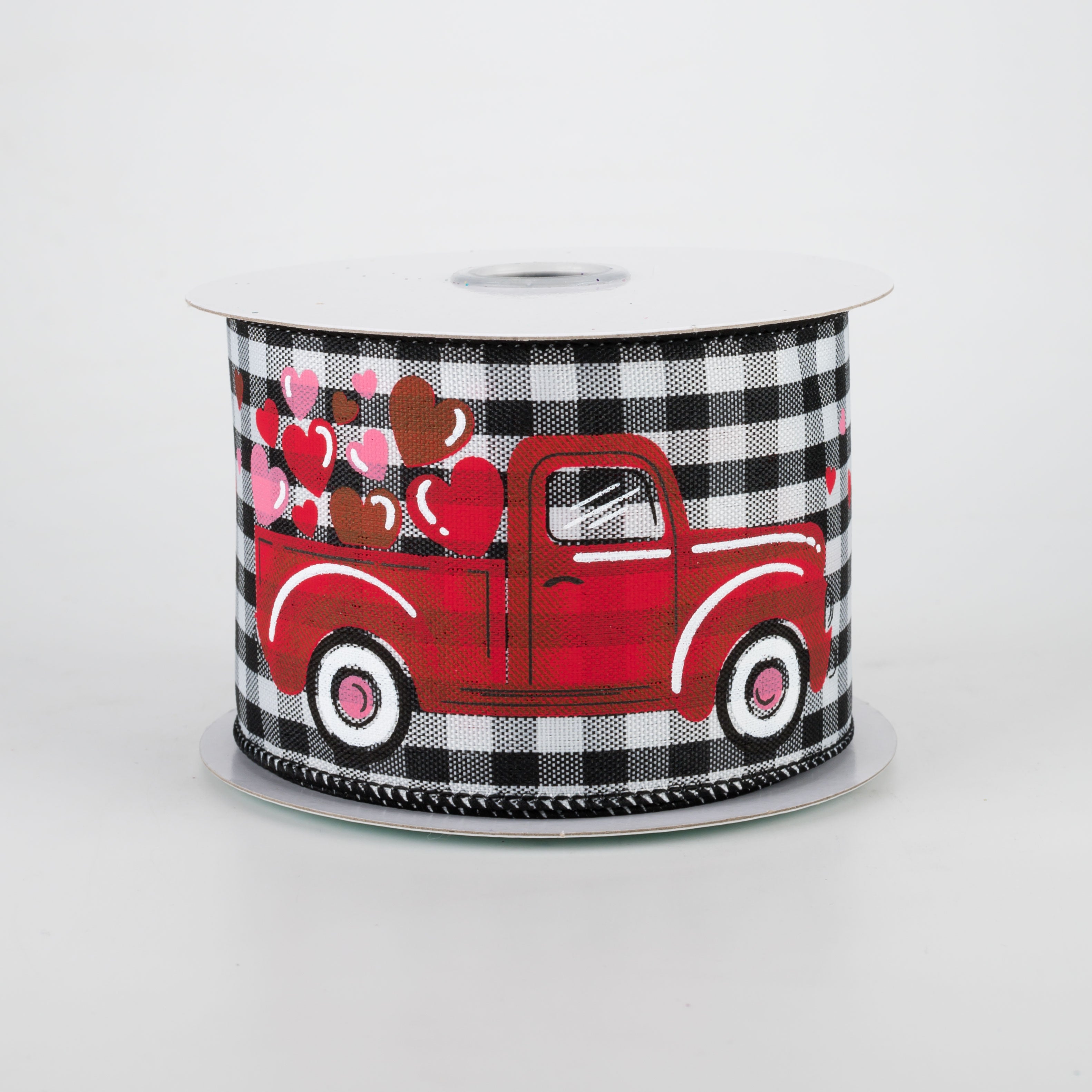 2.5" Truck With Hearts Gingham Check Ribbon (10 Yards)
