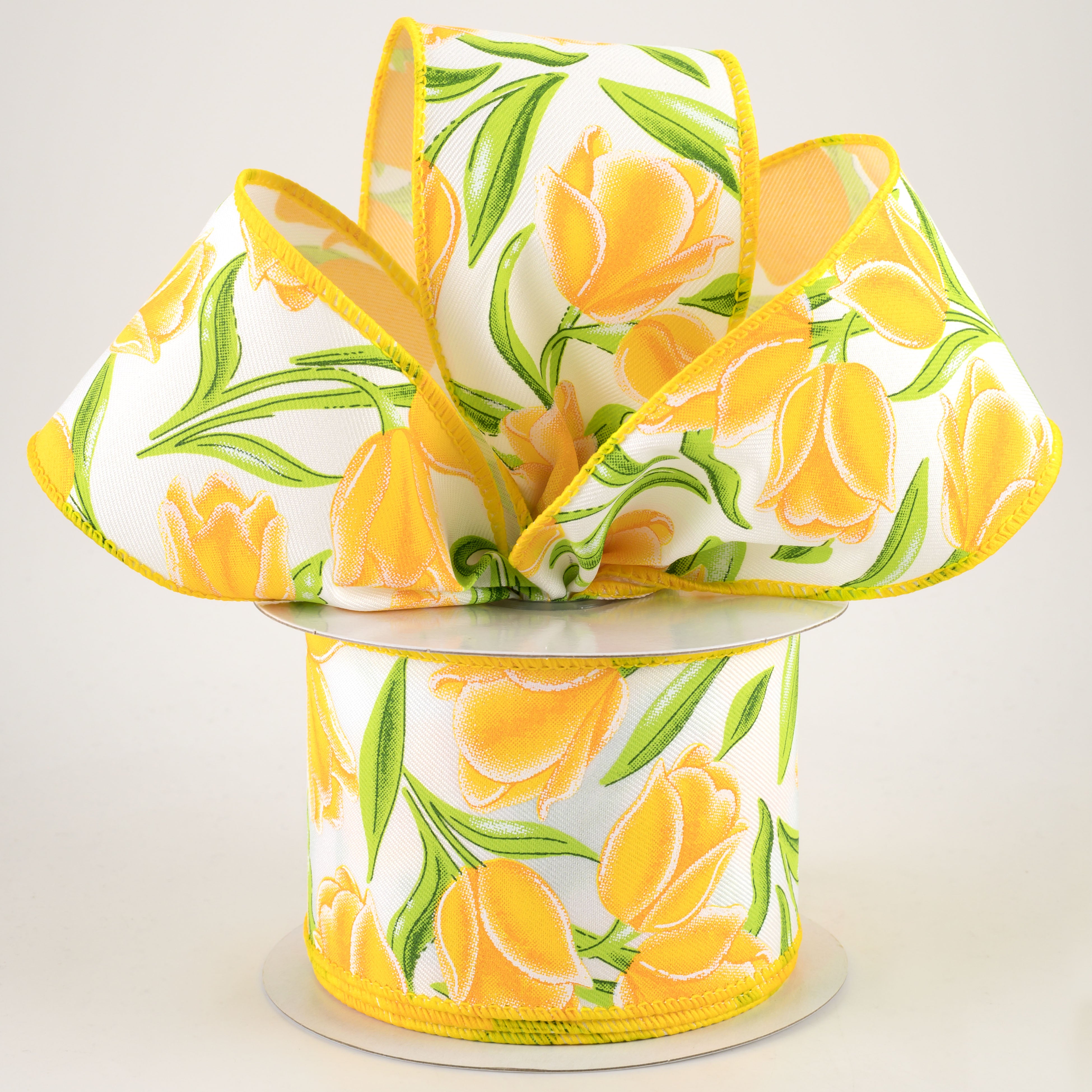 2.5" Tulips Ribbon: White & Yellow (10 Yards) Lifestyle Photo