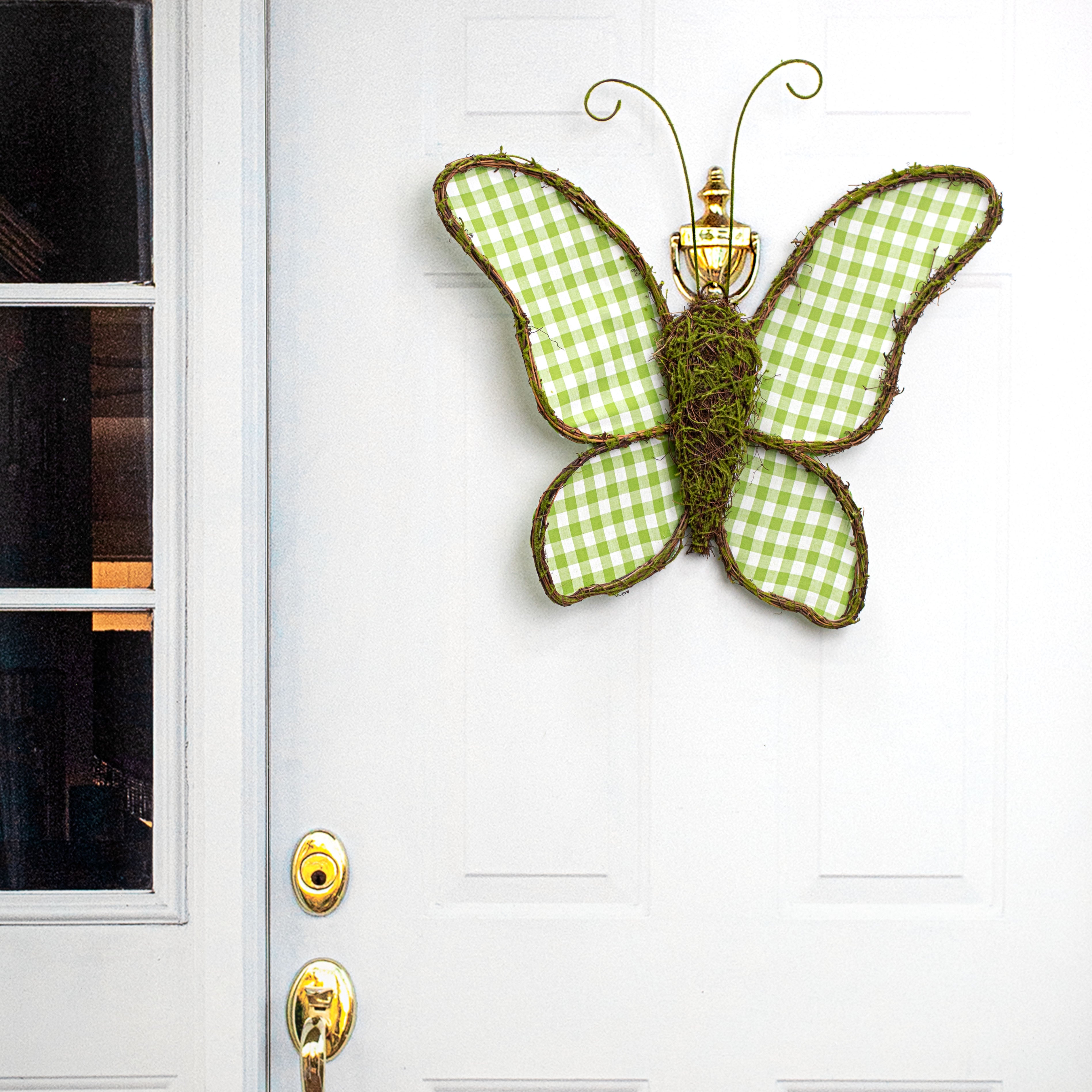 21" Twig Butterfly Door Hanger: Green & White Check Lifestyle Photo