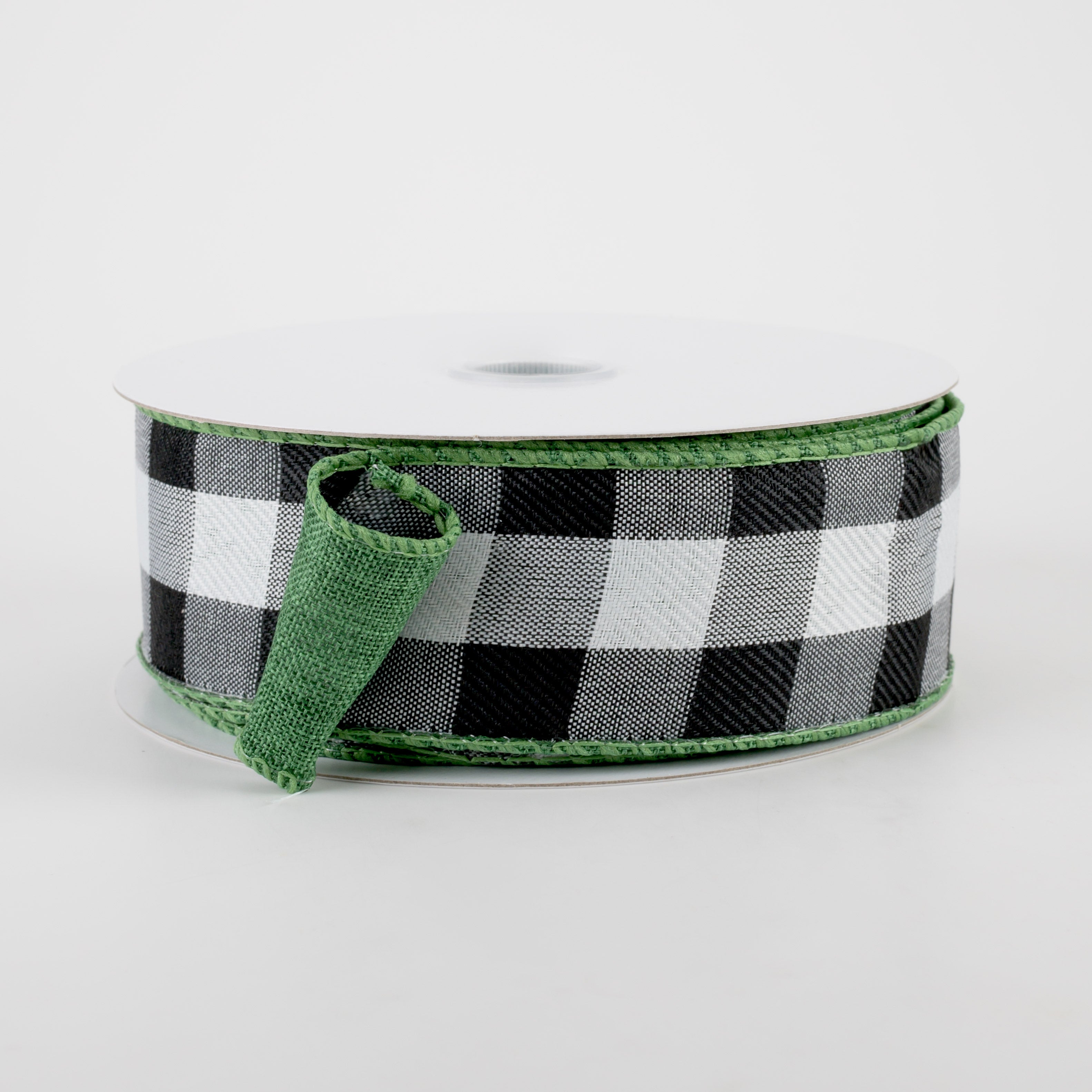 1.5" Two Sided Buffalo Plaid & Linen Ribbon: Black, White, Emerald Green (10 Yards) Item Number: 72156-09-17
