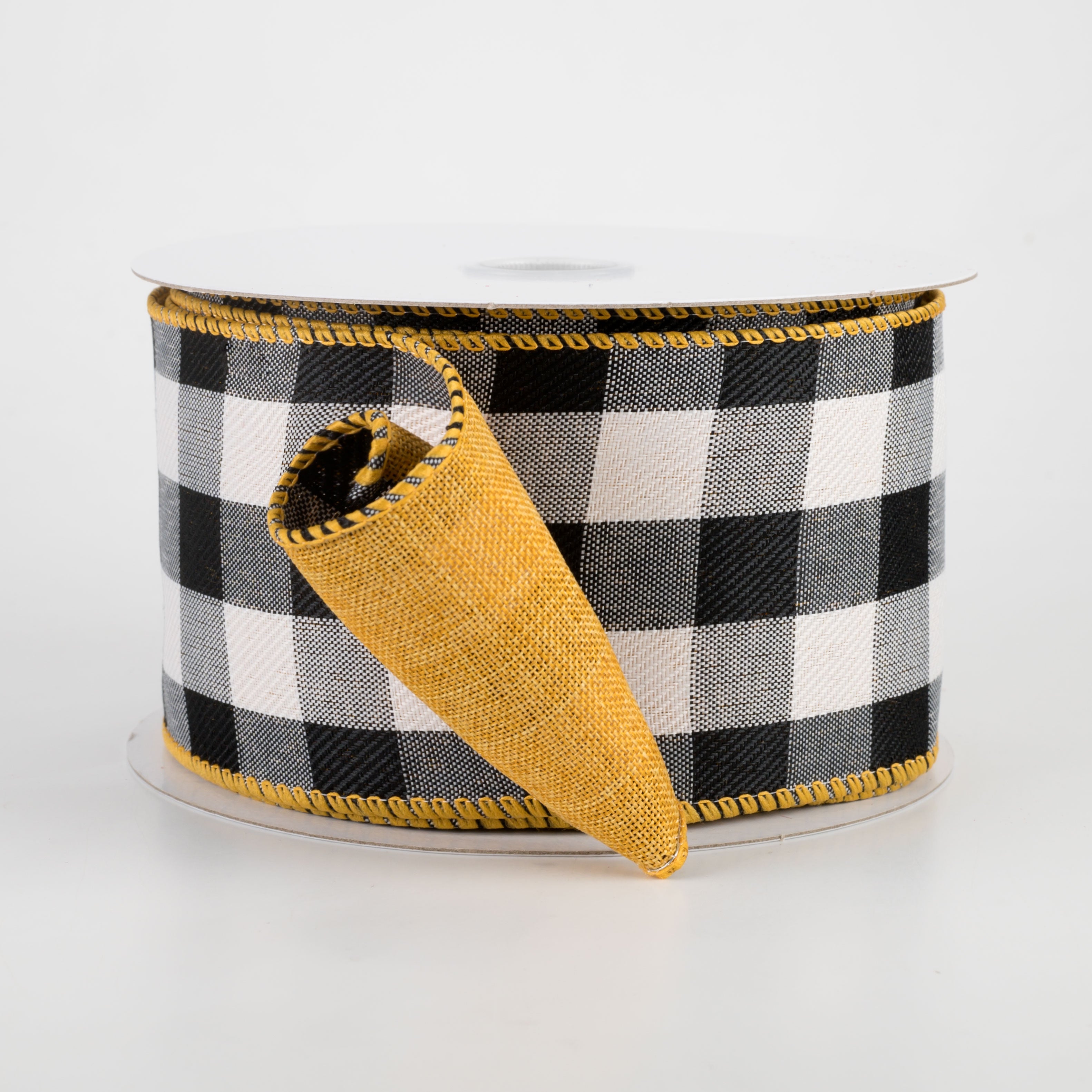 2.5" Two Sided Buffalo Plaid & Linen Ribbon: Black, White, Sunflower Yellow (10 Yards)
