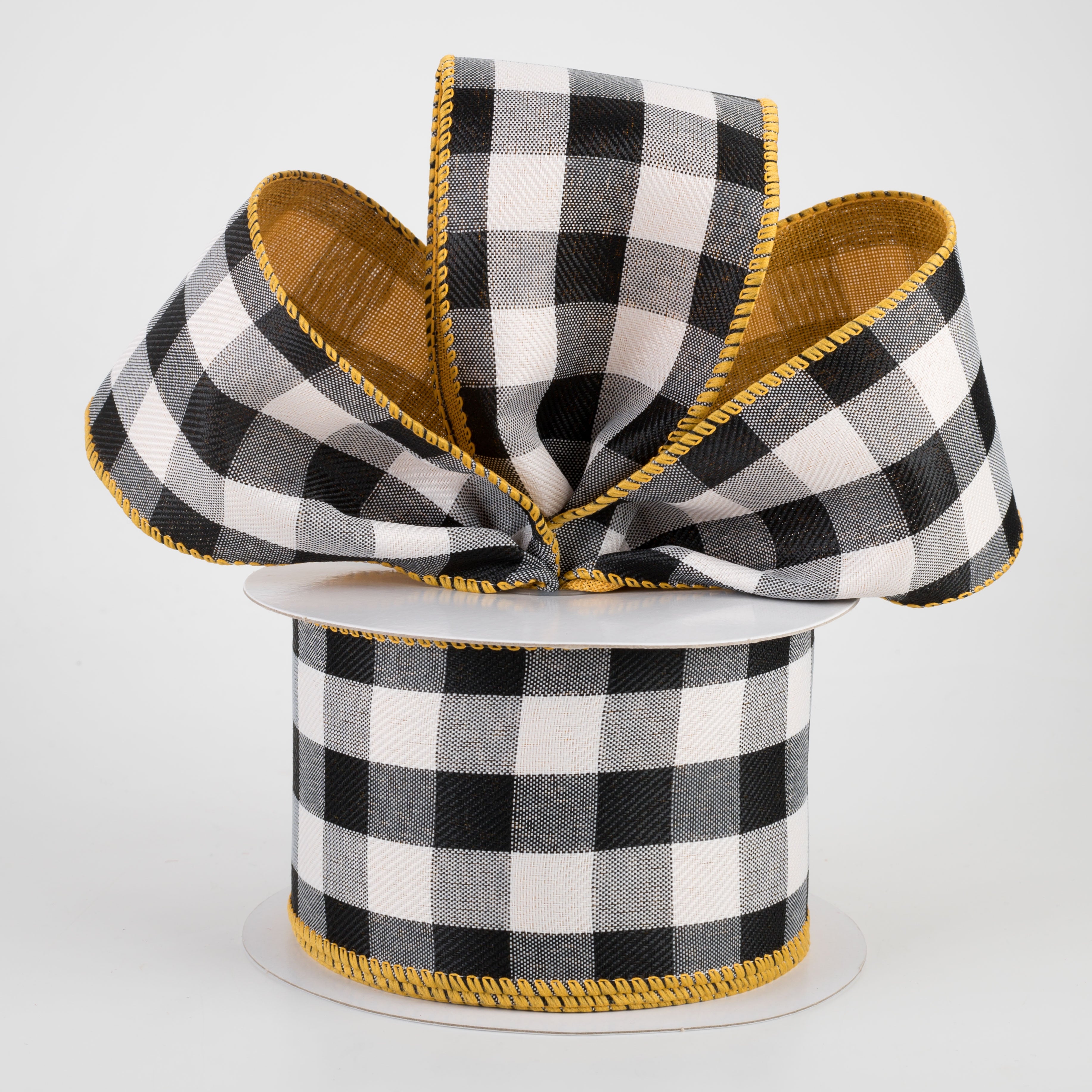 2.5" Two Sided Buffalo Plaid & Linen Ribbon: Black, White, Sunflower Yellow (10 Yards) Lifestyle Photo
