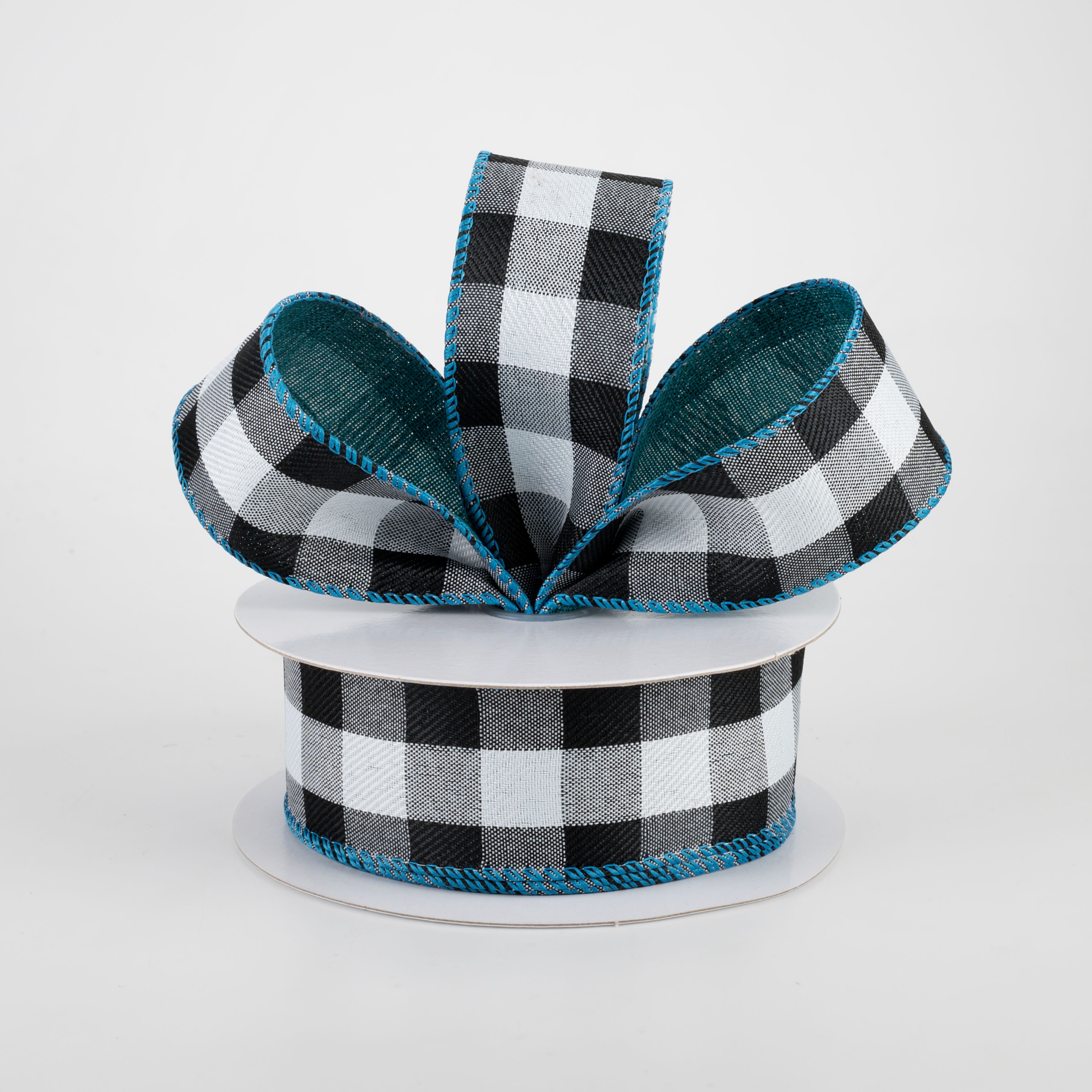 1.5" Two Sided Buffalo Plaid & Linen Ribbon: Black, White, Teal (10 Yards) Lifestyle Photo