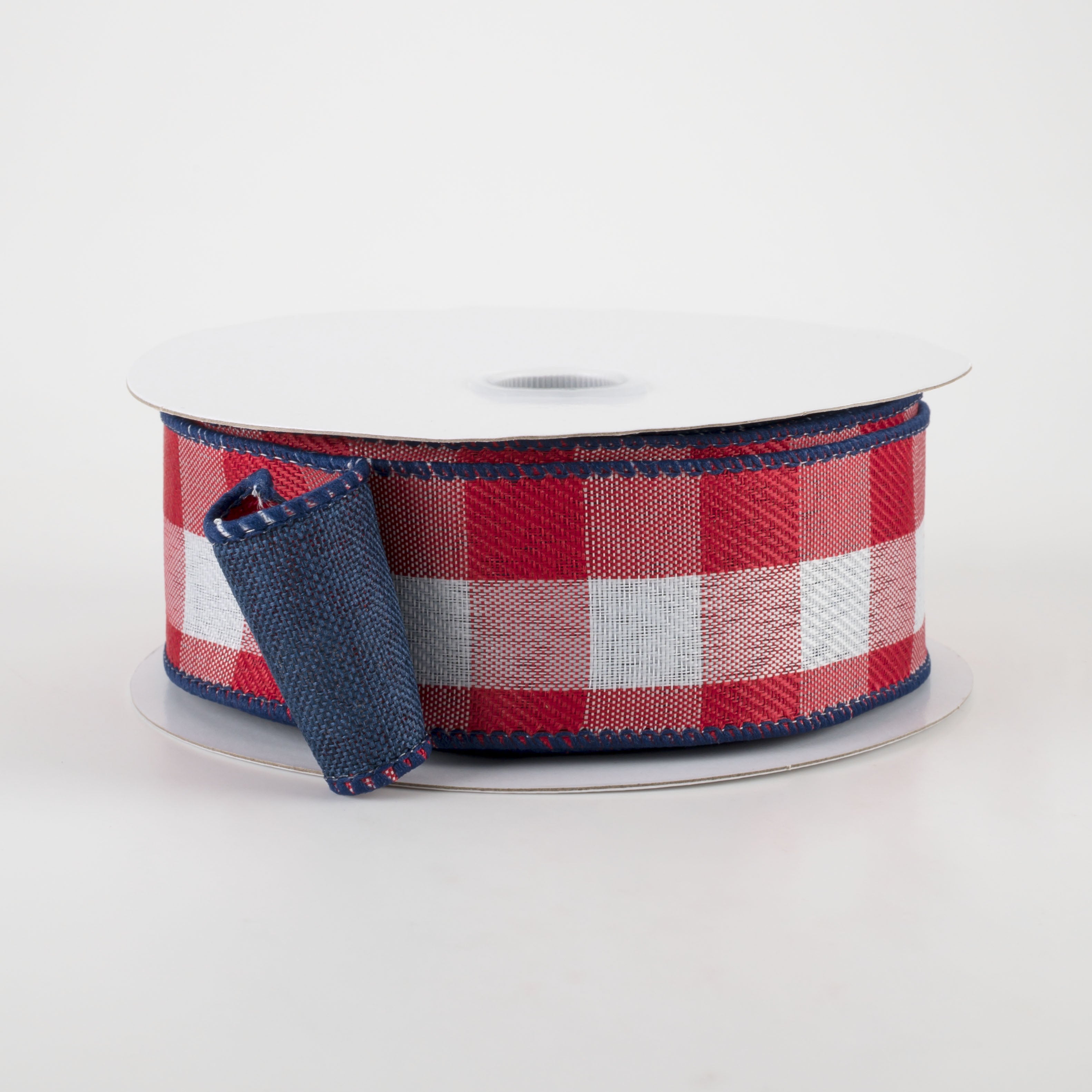 1.5" Two Sided Buffalo Plaid & Linen Ribbon: Red, White & Navy (10 Yards)