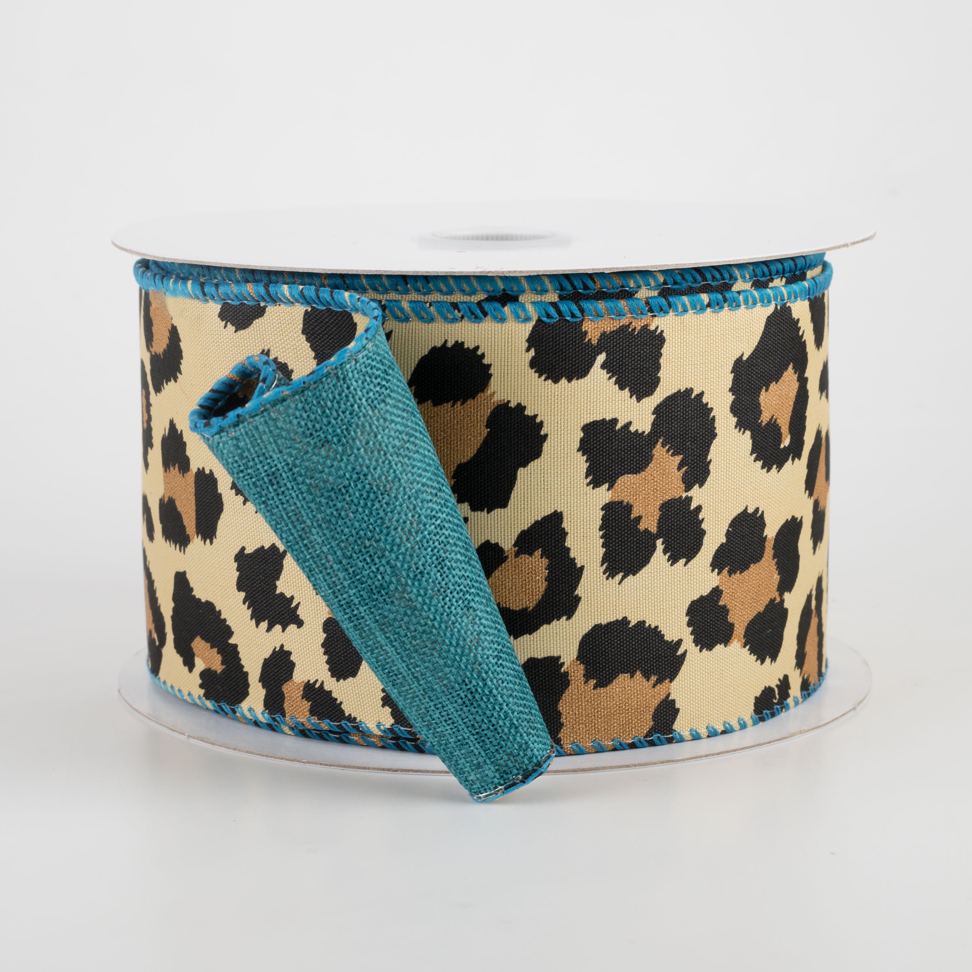 2.5" Two Sided Cheetah Print & Linen Ribbon: Teal (10 Yards)