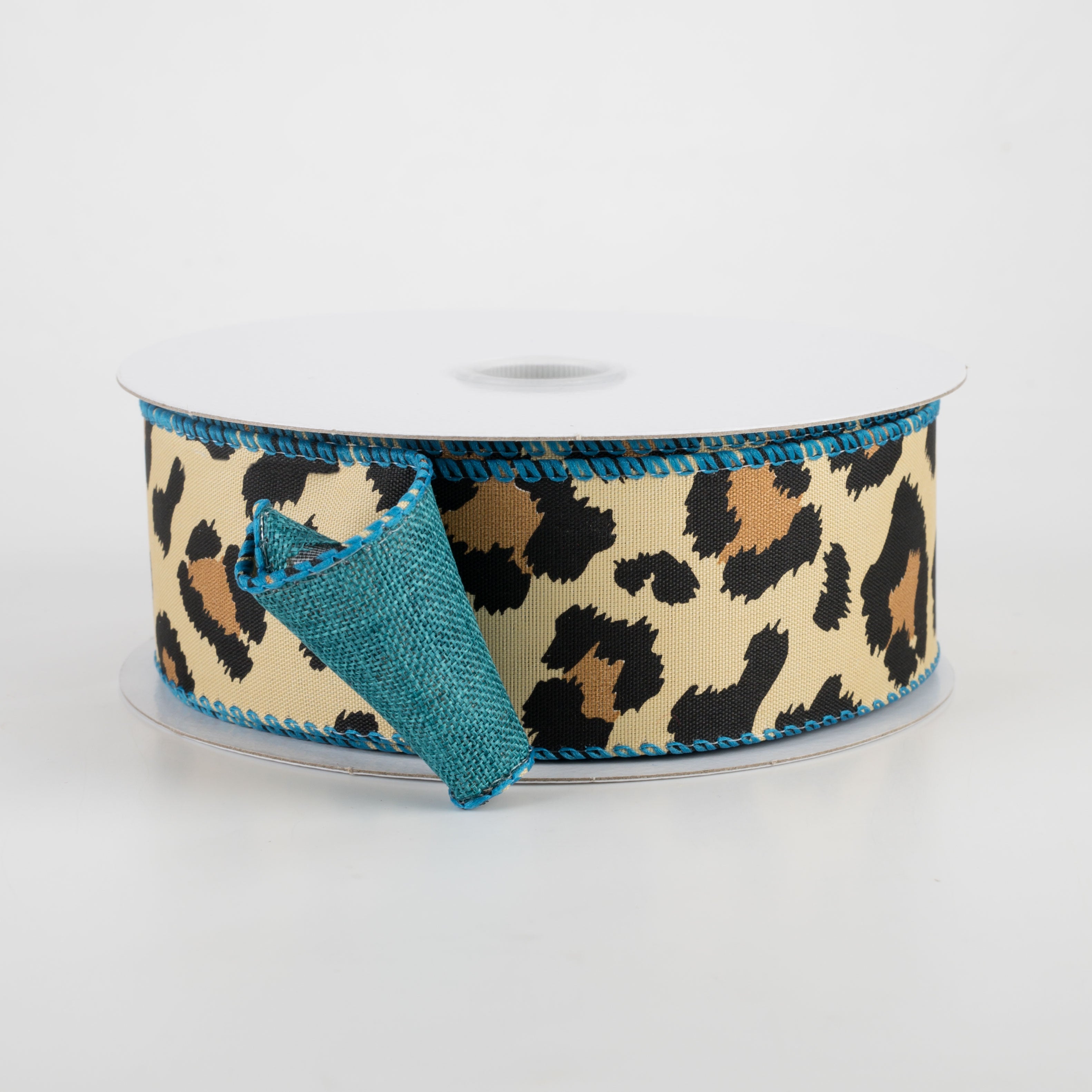 1.5" Two Sided Cheetah Print & Linen Ribbon: Teal (10 Yards)