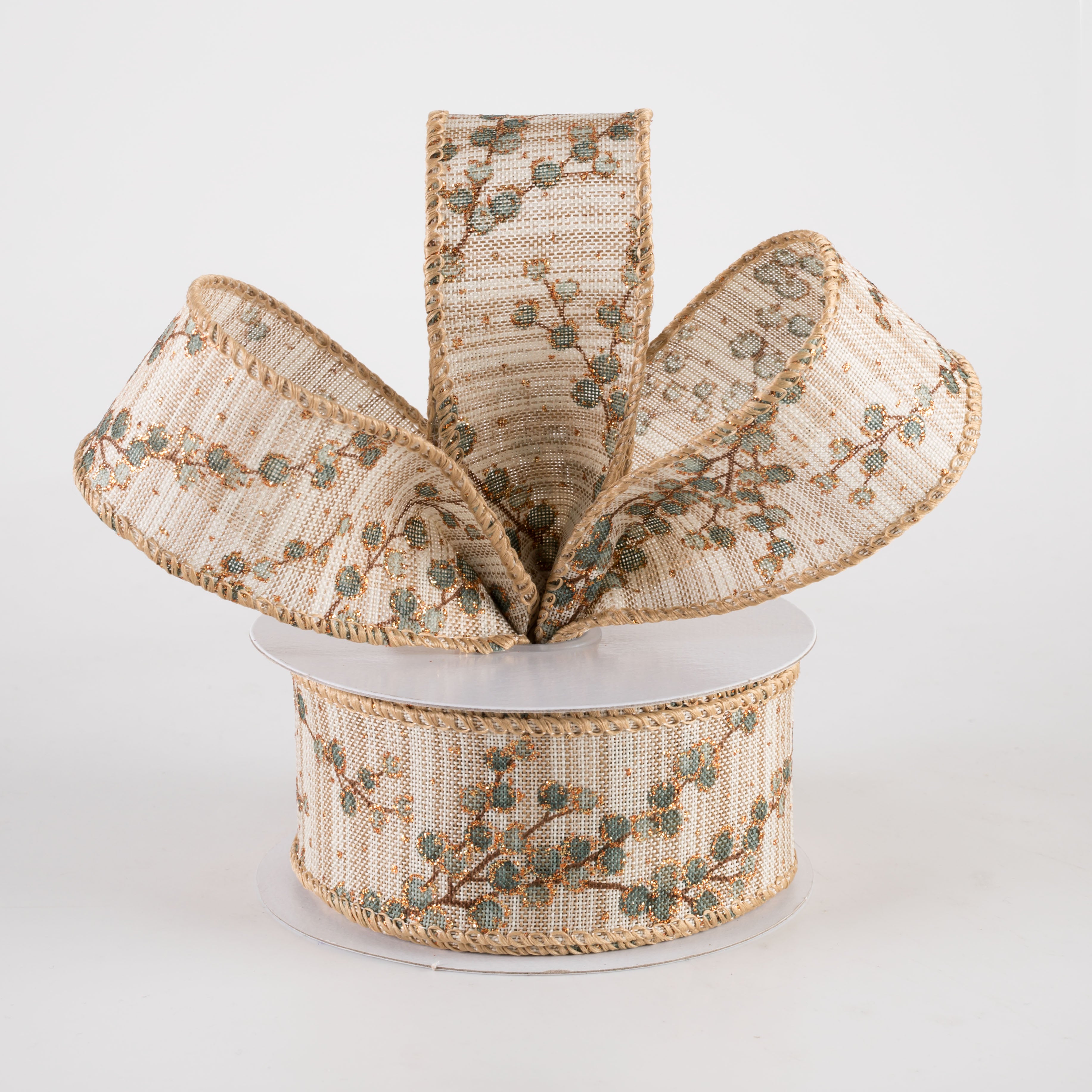 1.5" Two-Tone Textured Linen Berry Branches Ribbon: Dusty Teal (10 Yards) Lifestyle Photo