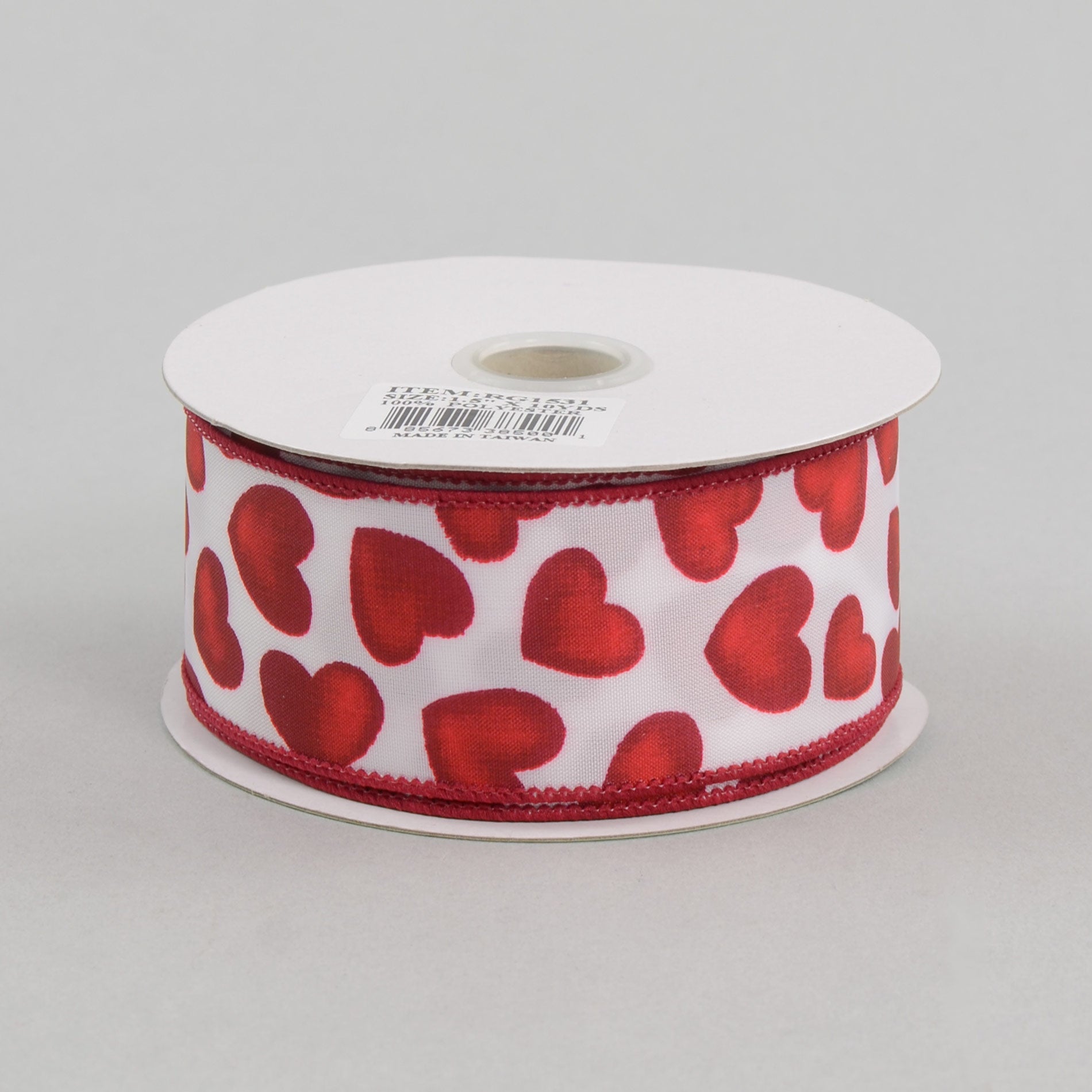 1.5" Two-Toned Red Heart White Satin Ribbon (10 Yards)