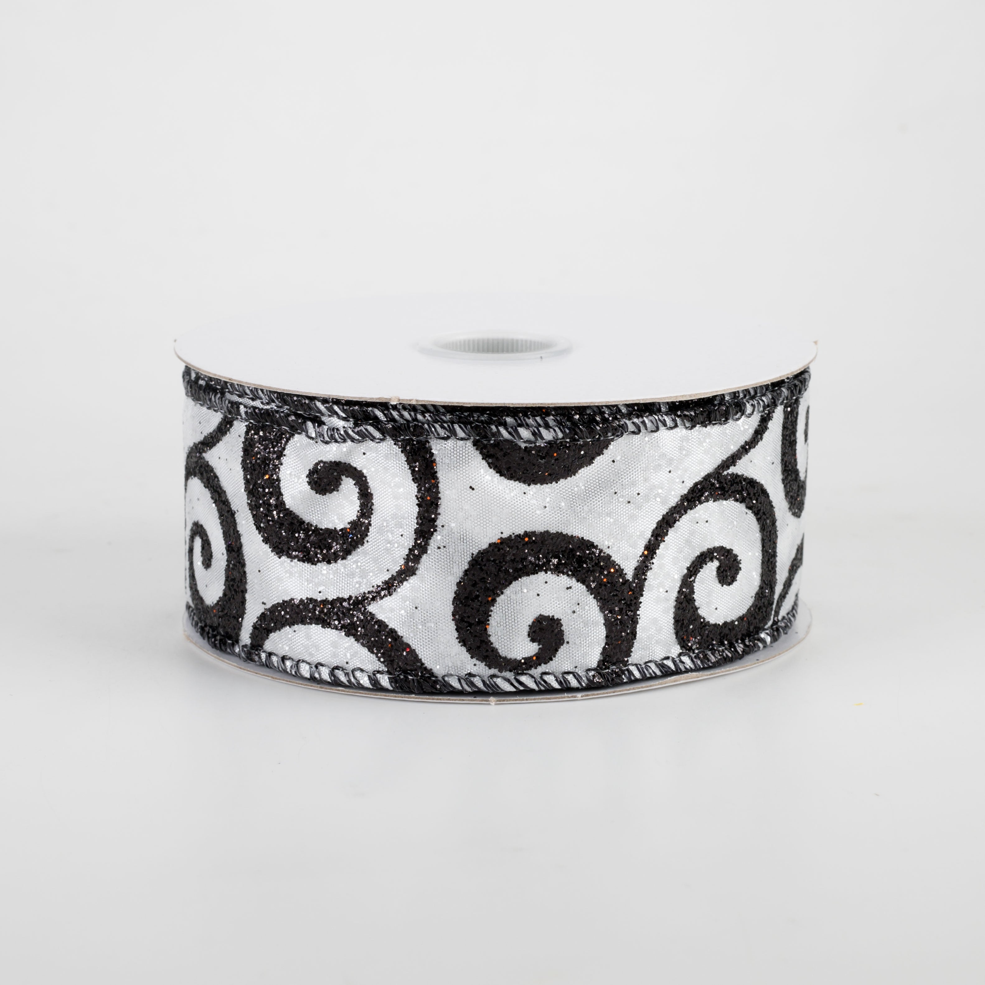 1.5" Ultra Glitter Swirls Ribbon: Black & White (10 Yards)