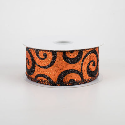 1.5" Ultra Glitter Swirls Ribbon: Orange & Black (10 Yards)