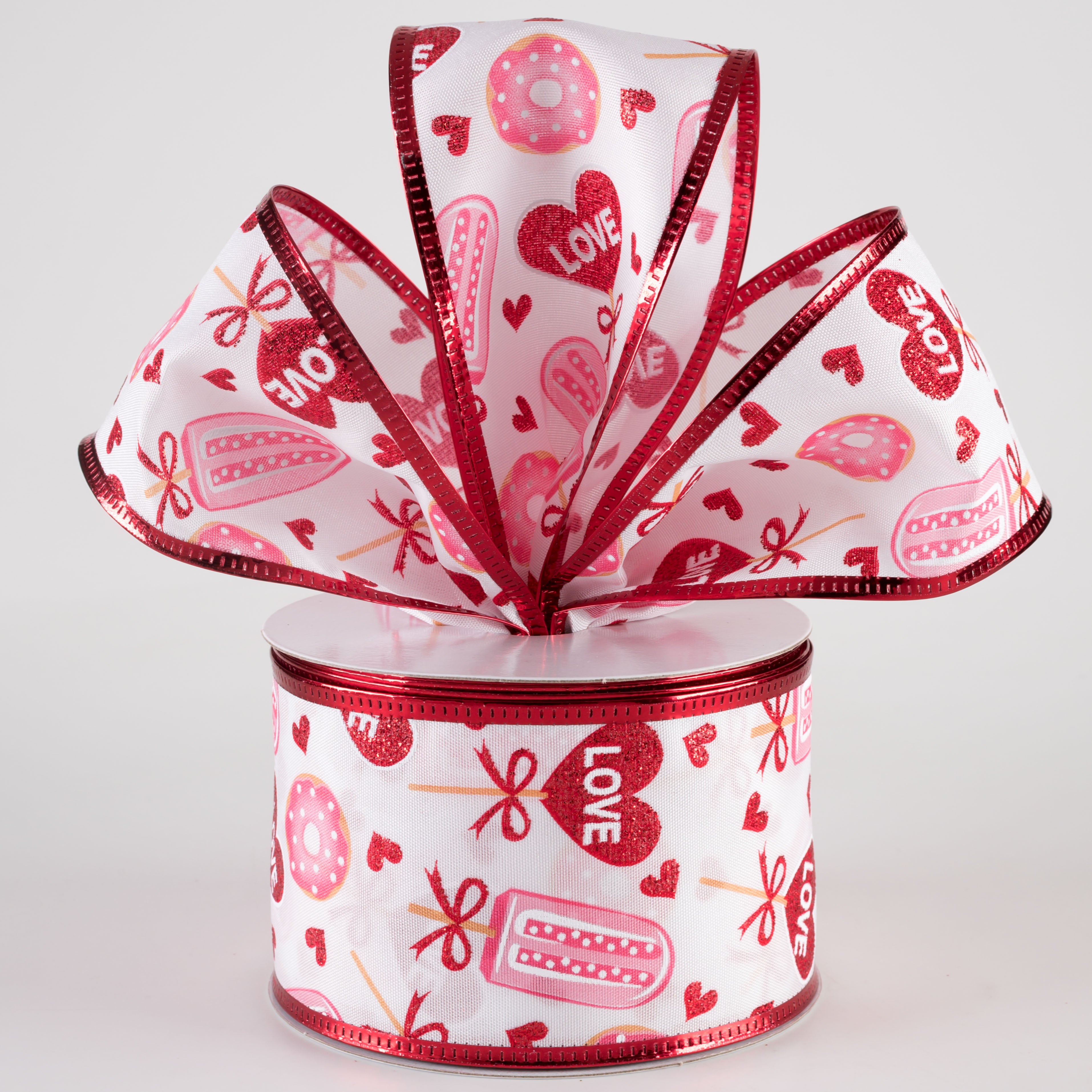 2.5" Valentine's Day Candy & Donuts Satin Ribbon: White, Red, Pink (10 Yards) Lifestyle Photo