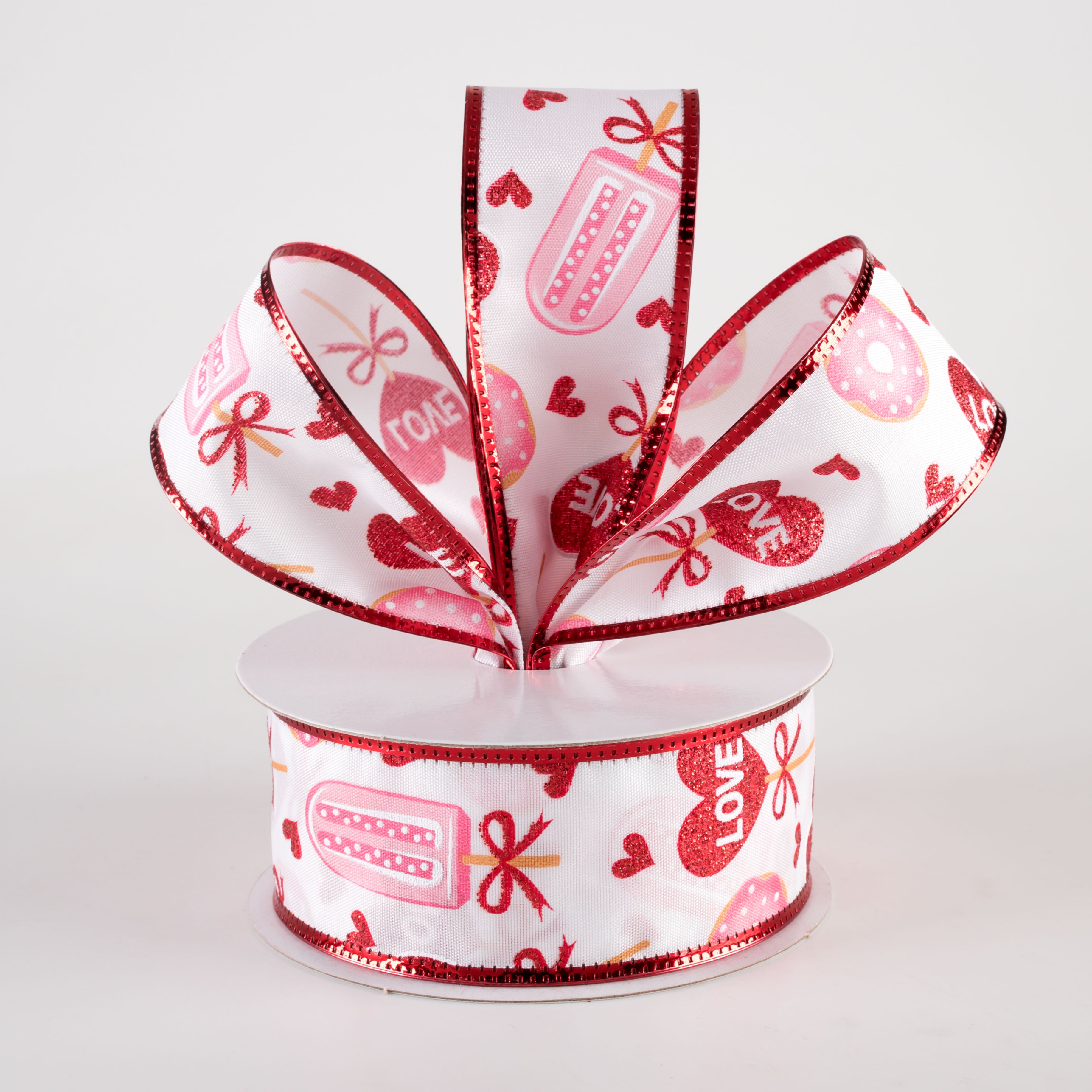 1.5" Valentine's Day Candy & Donuts Satin Ribbon: White, Red, Pink (10 Yards) Lifestyle Photo