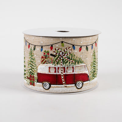 2.5" Van & Truck With Christmas Tree Ribbon: Natural (10 Yards)