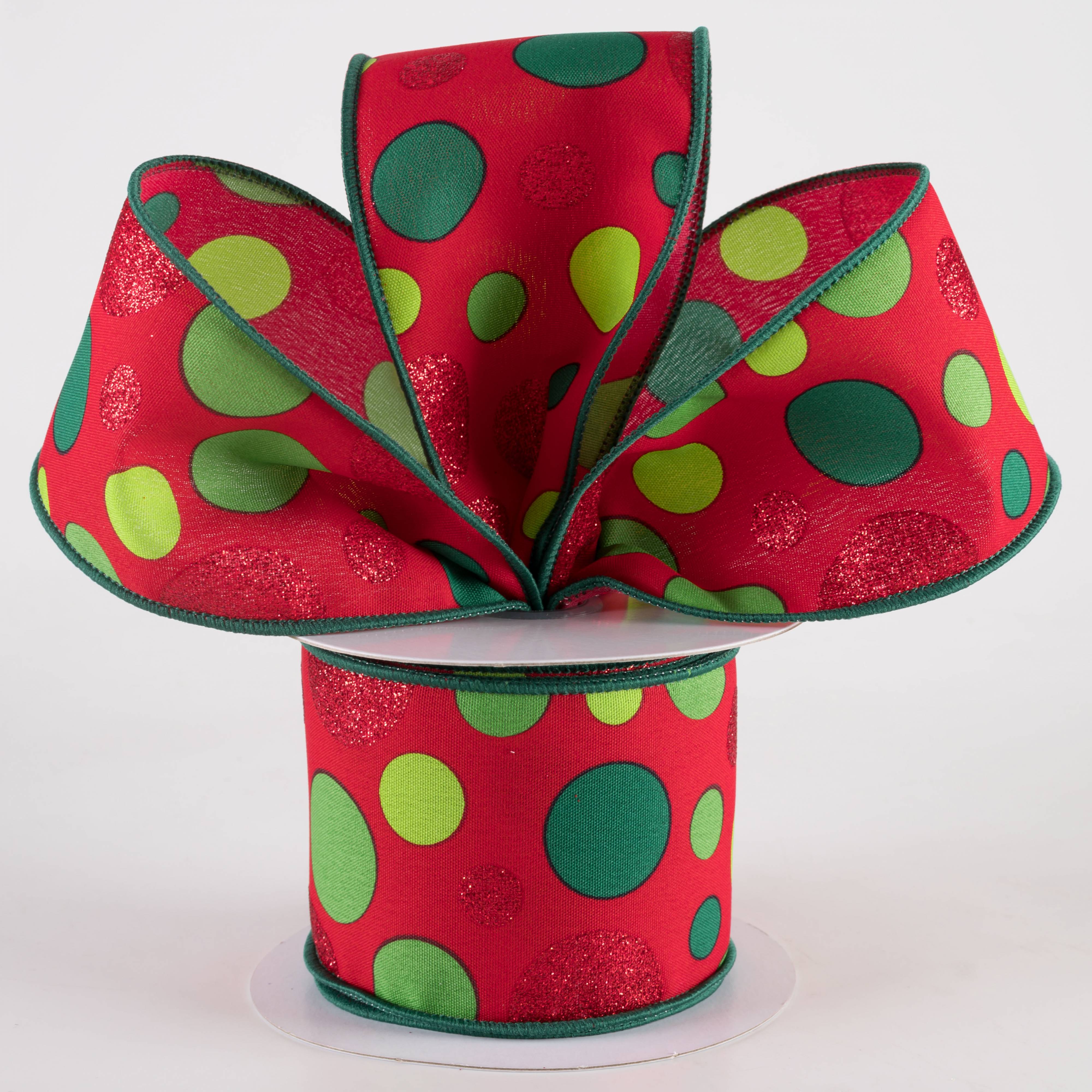 2.5" Varied Polka Dots Ribbon: Red, Lime & Emerald on Red (10 Yards) Lifestyle Photo