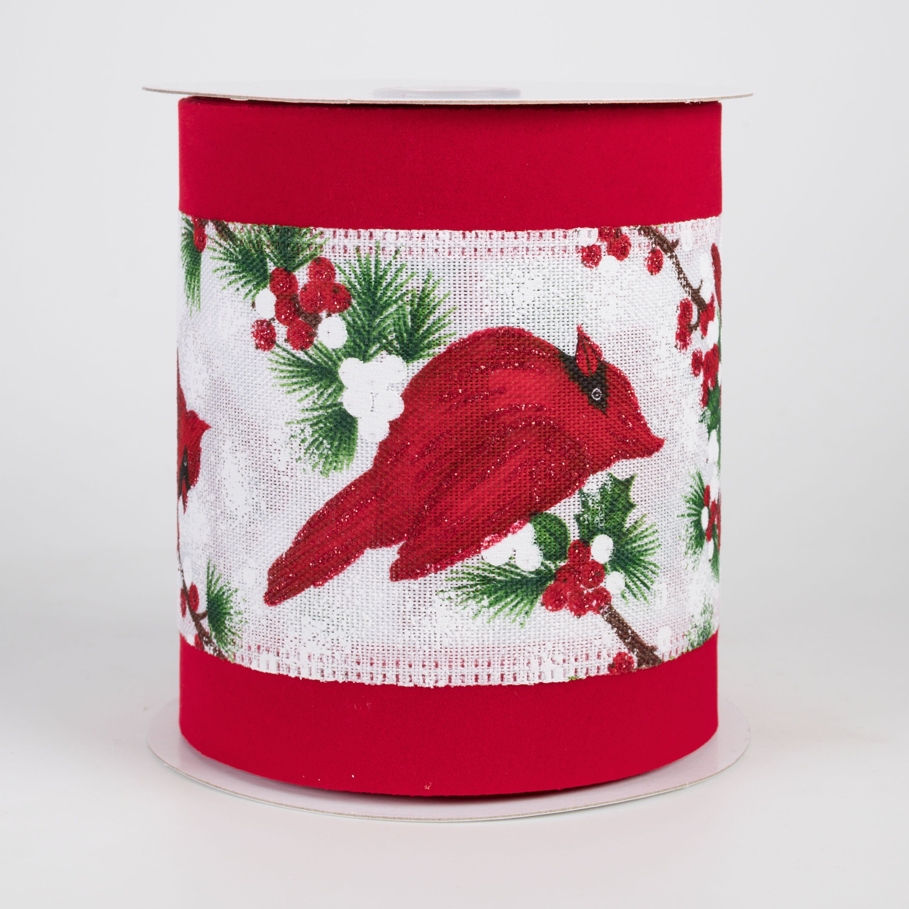 4" Velvet Edge Linen Cardinal Ribbon: Red & White (10 Yards) Item Number: 76481-04-12