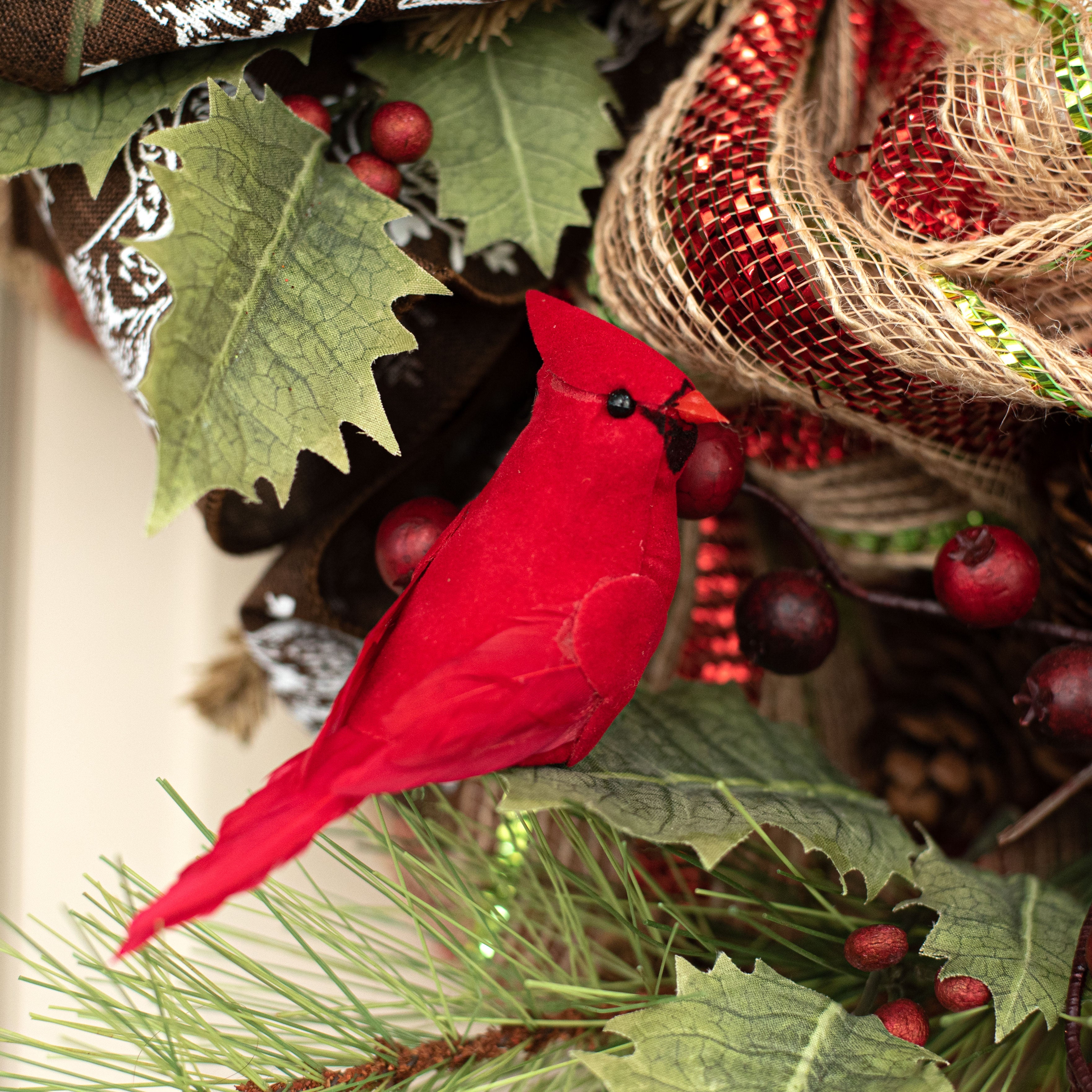 4.5" Velvet Feather Cardinal: Red (Set of 3) Lifestyle Photo