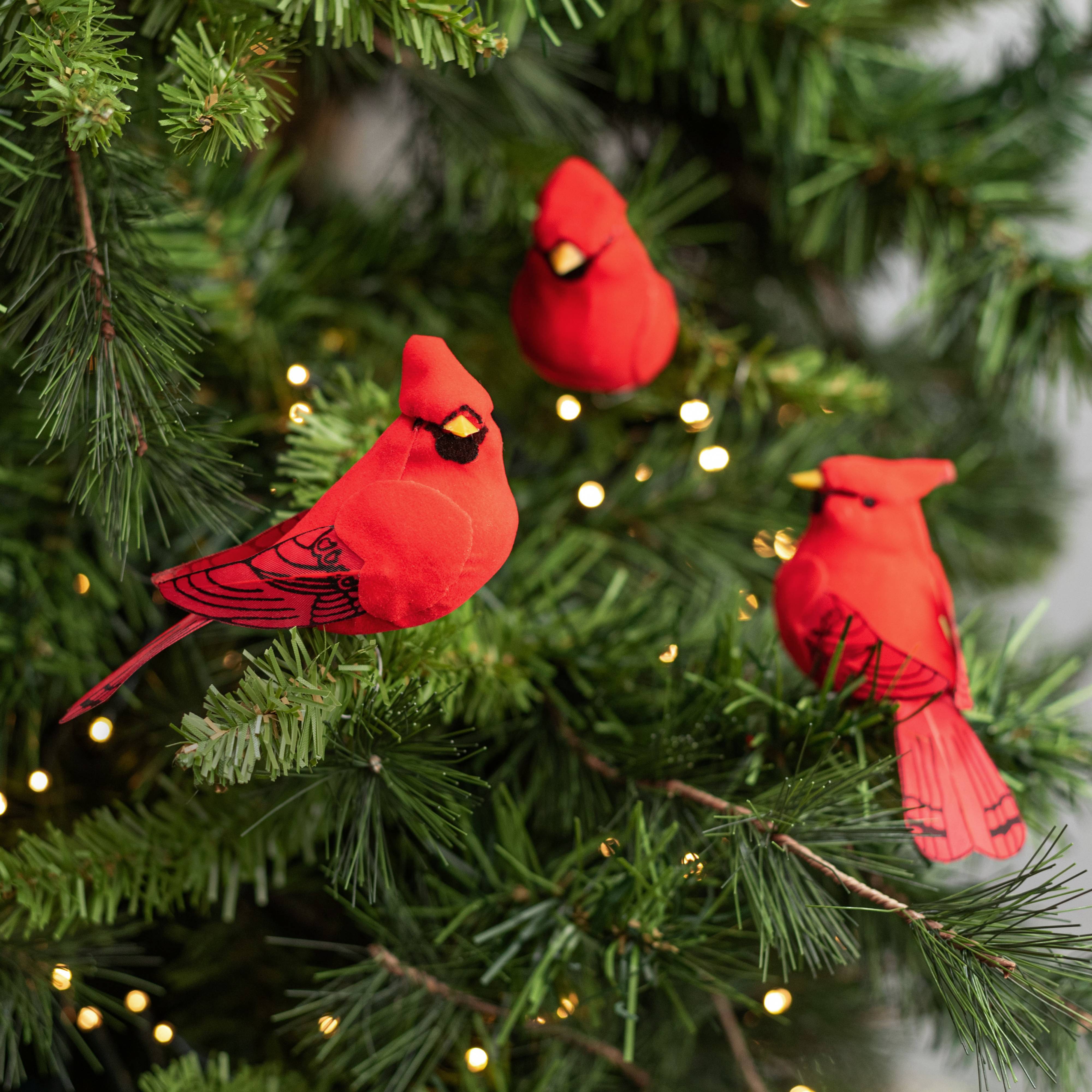 4.5" Velvet & Feather Chubby Cardinal Wired Ornaments (Box of 12) Lifestyle Photo