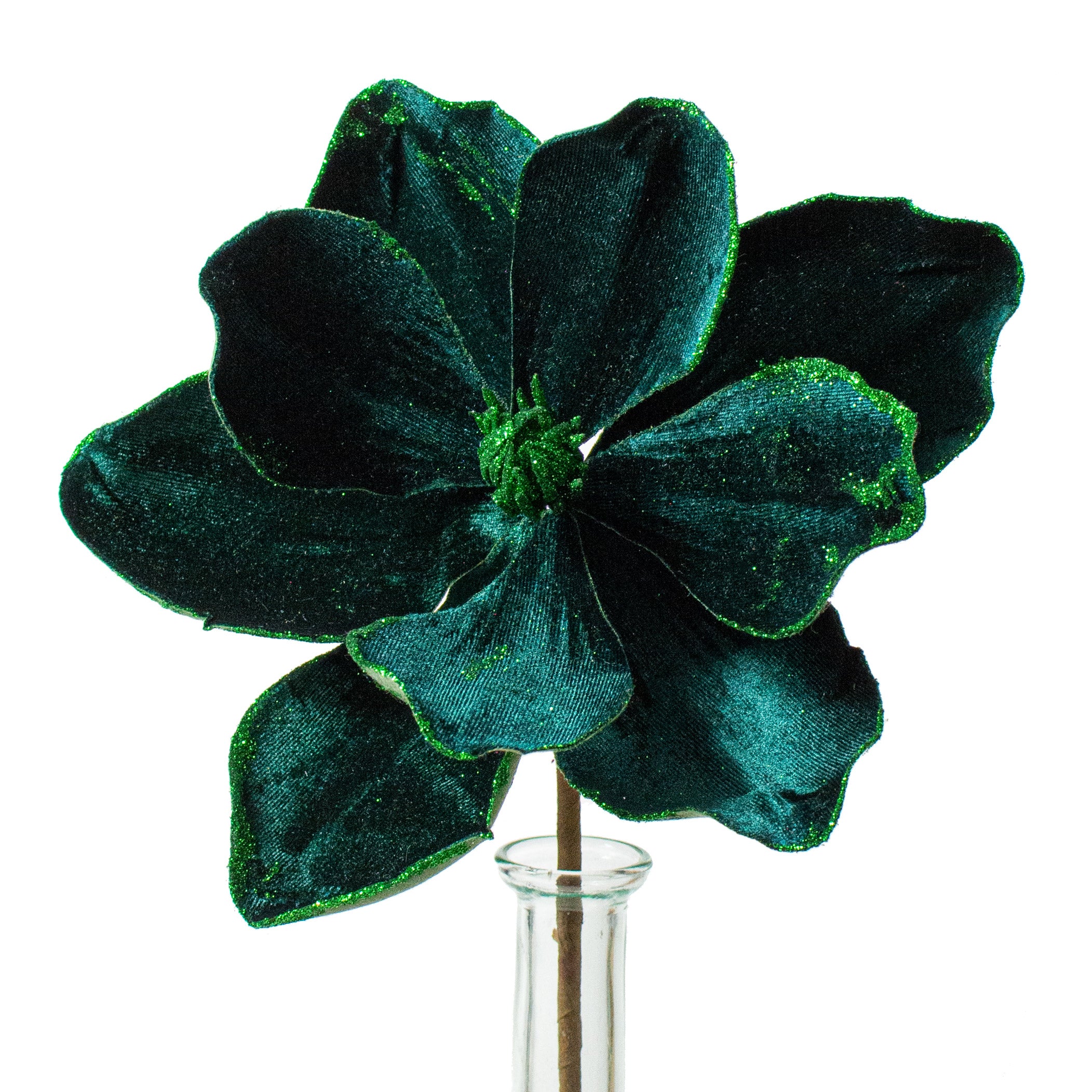 10" Velvet & Glitter Magnolia Spray: Dark Green Item Number: 85318DKGN