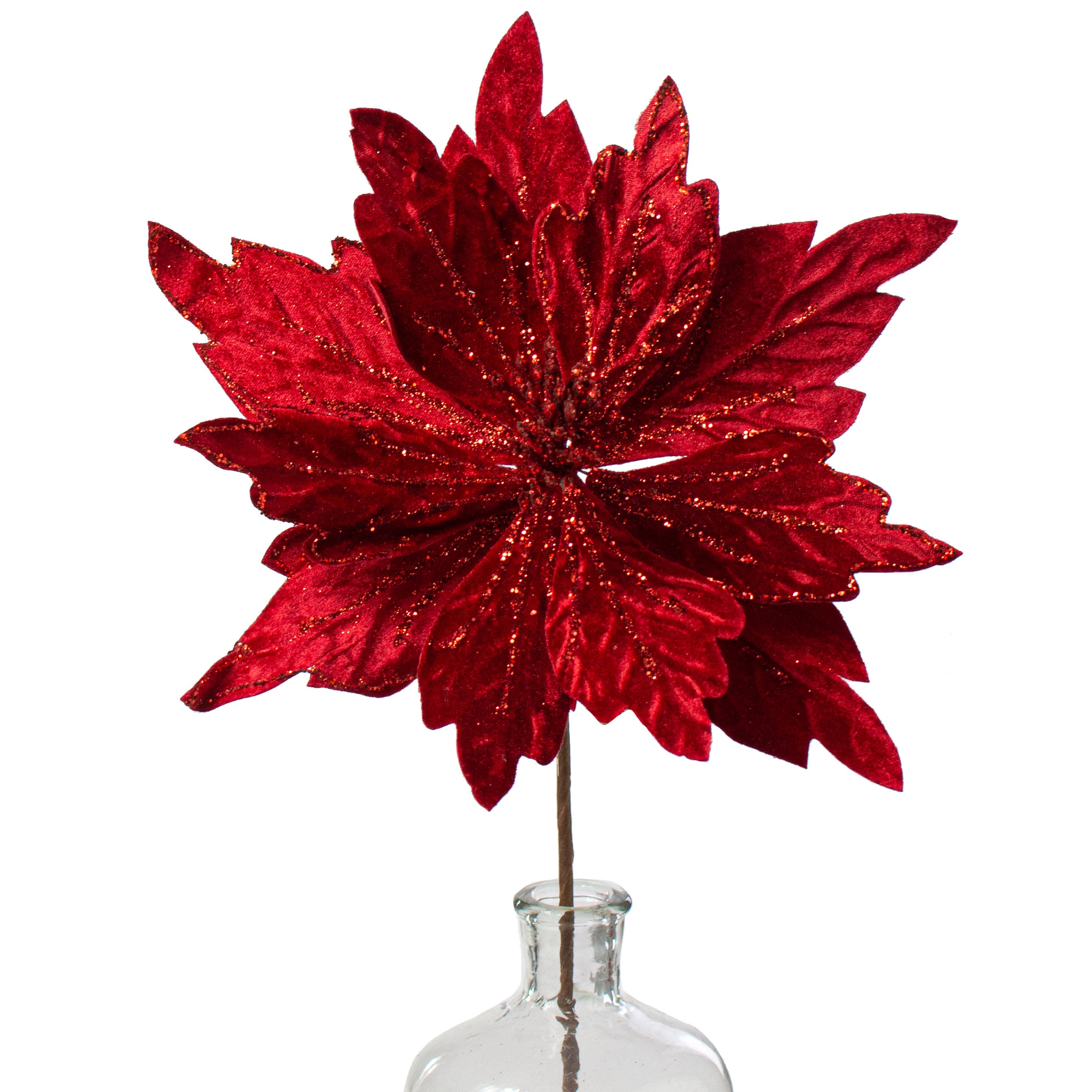 19" Velvet Glitter Poinsettia Stem: Red Item Number: 101338