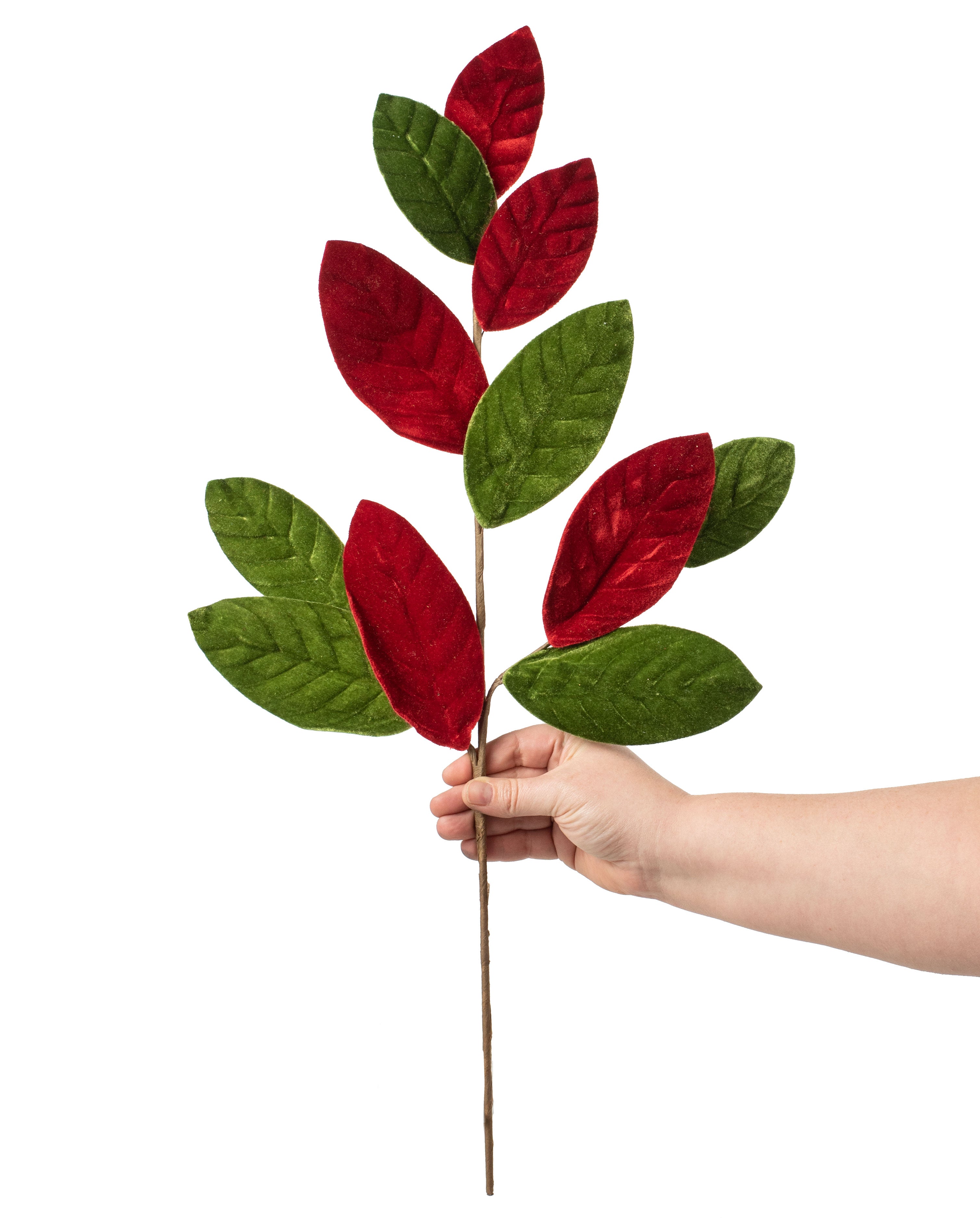 25" Velvet Magnolia Leaves Spray: Red & Olive detail photo 3
