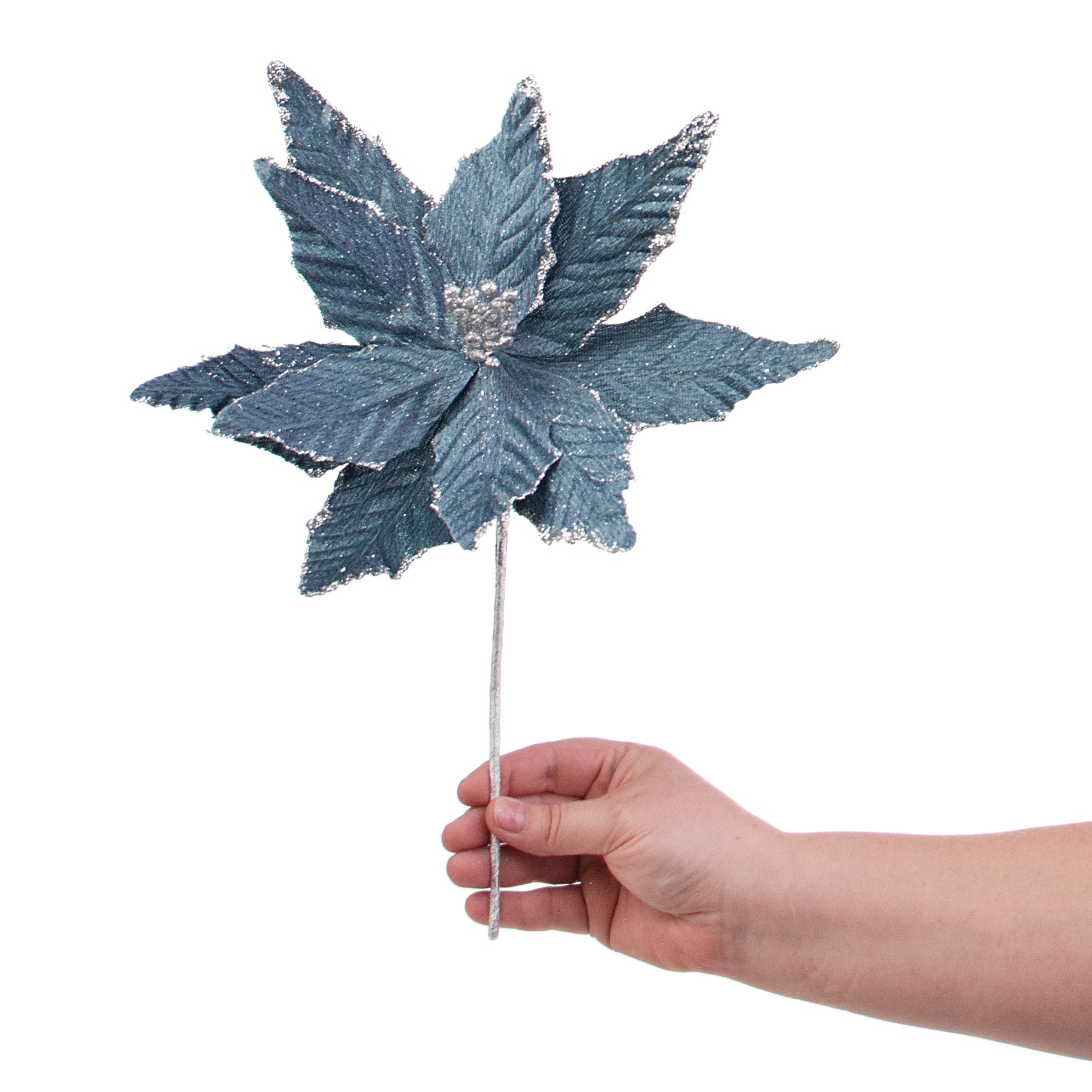 15" Velvet Poinsettia Pick: Dusty Blue detail photo 3