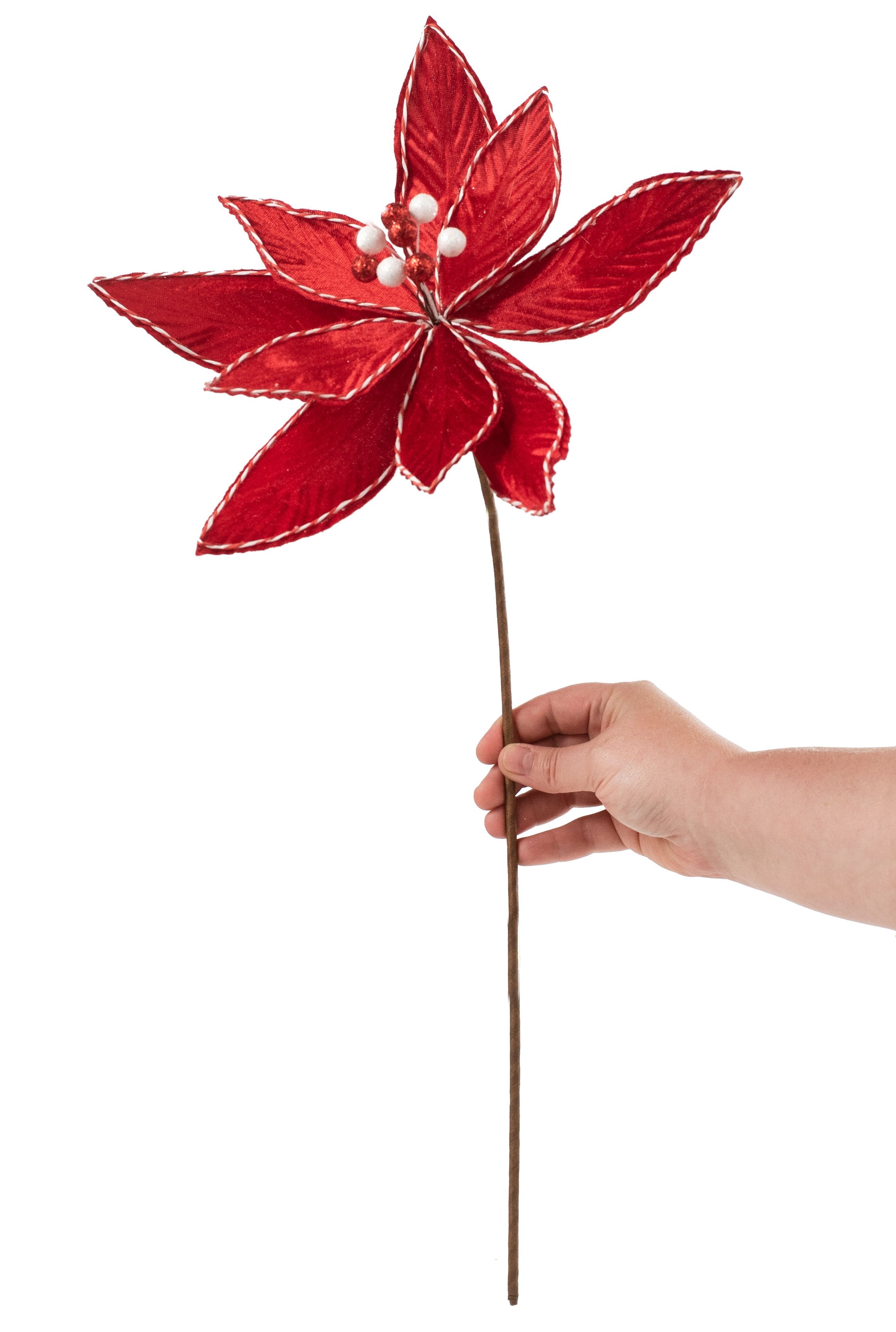 24" Velvet Poinsettia Stem: Red & White Lifestyle Photo