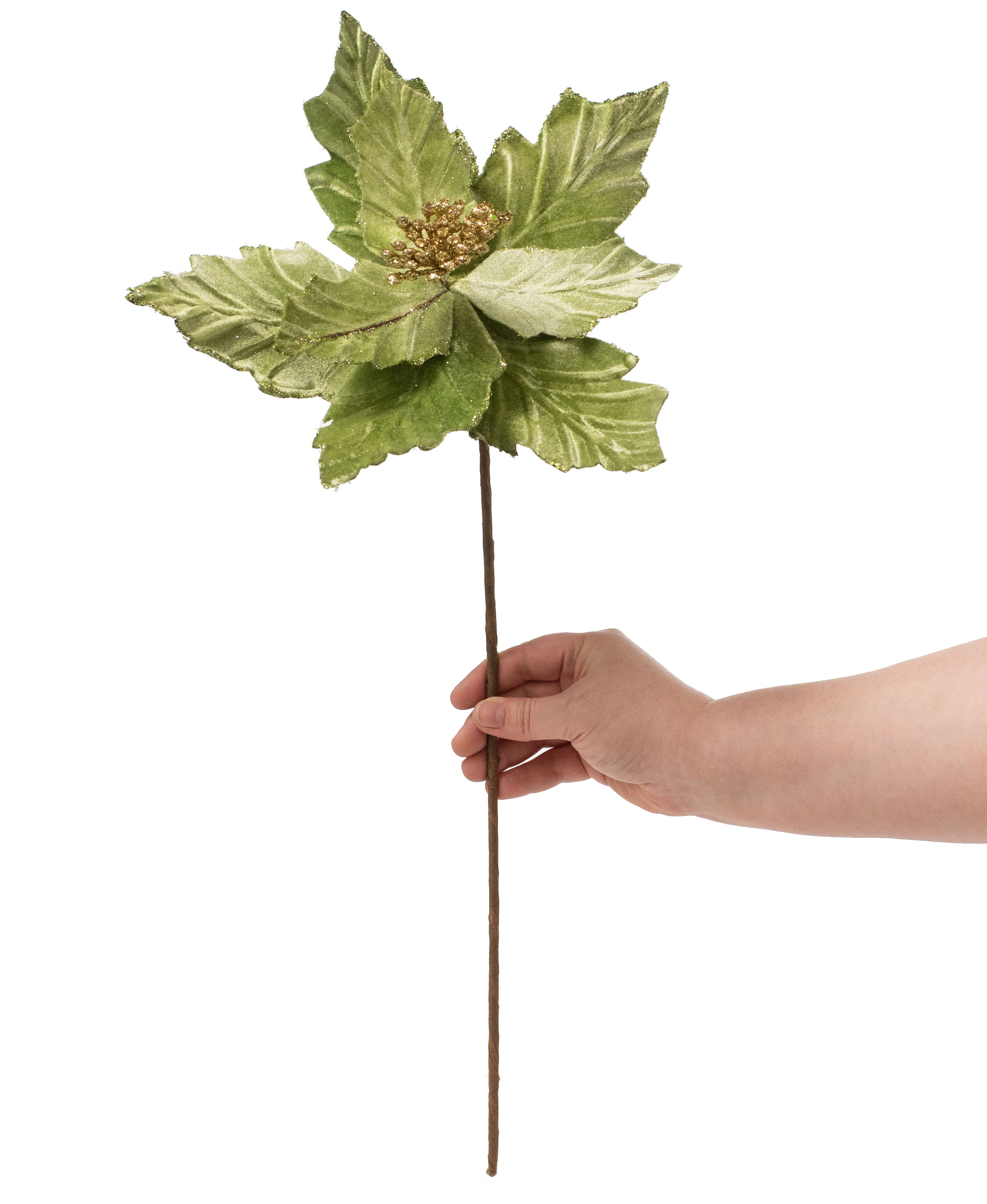 18" Velvet Poinsettia Stem: Sage Lifestyle Photo