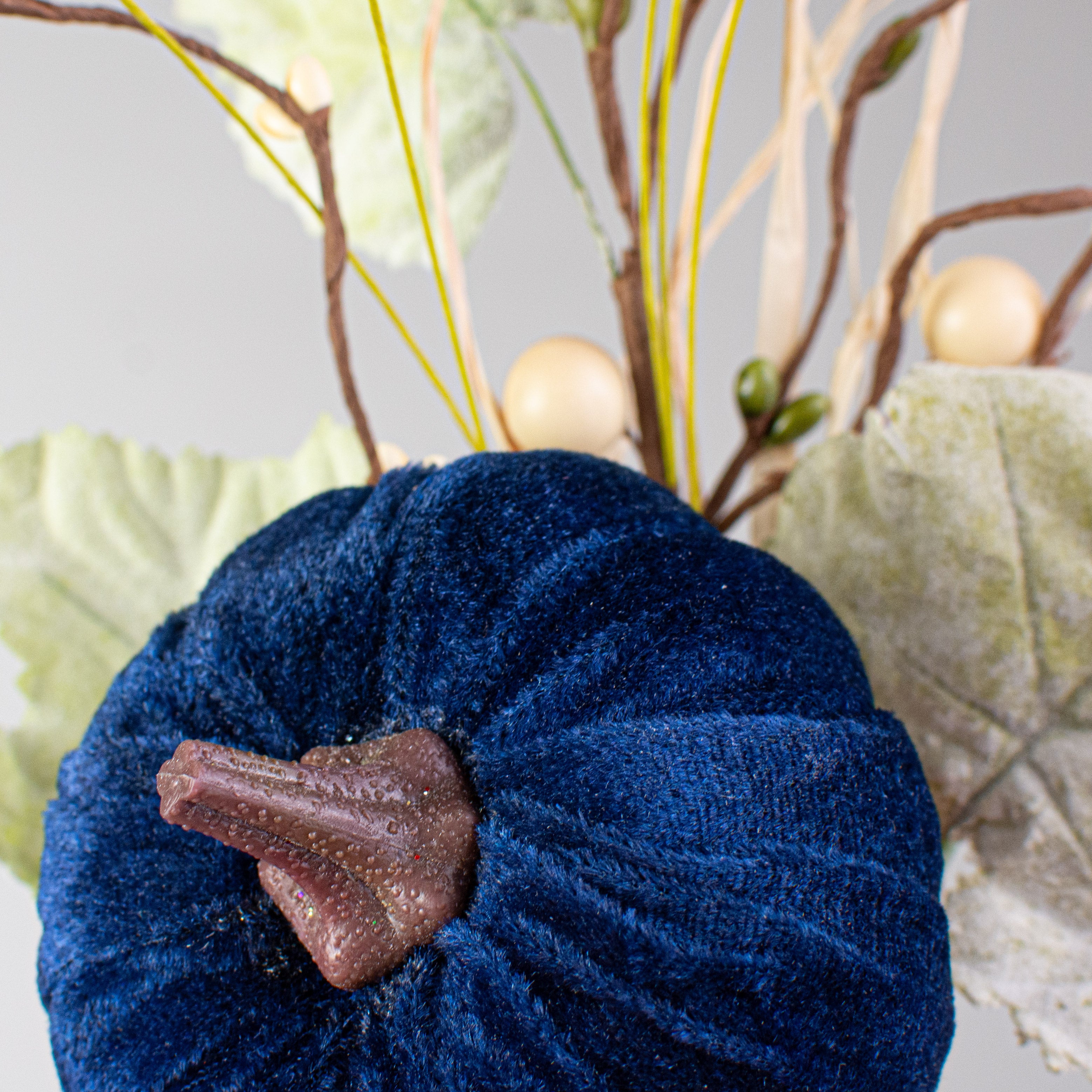 14" Velvet Pumpkin, Berry, Leaves Pick: Navy Blue Lifestyle Photo