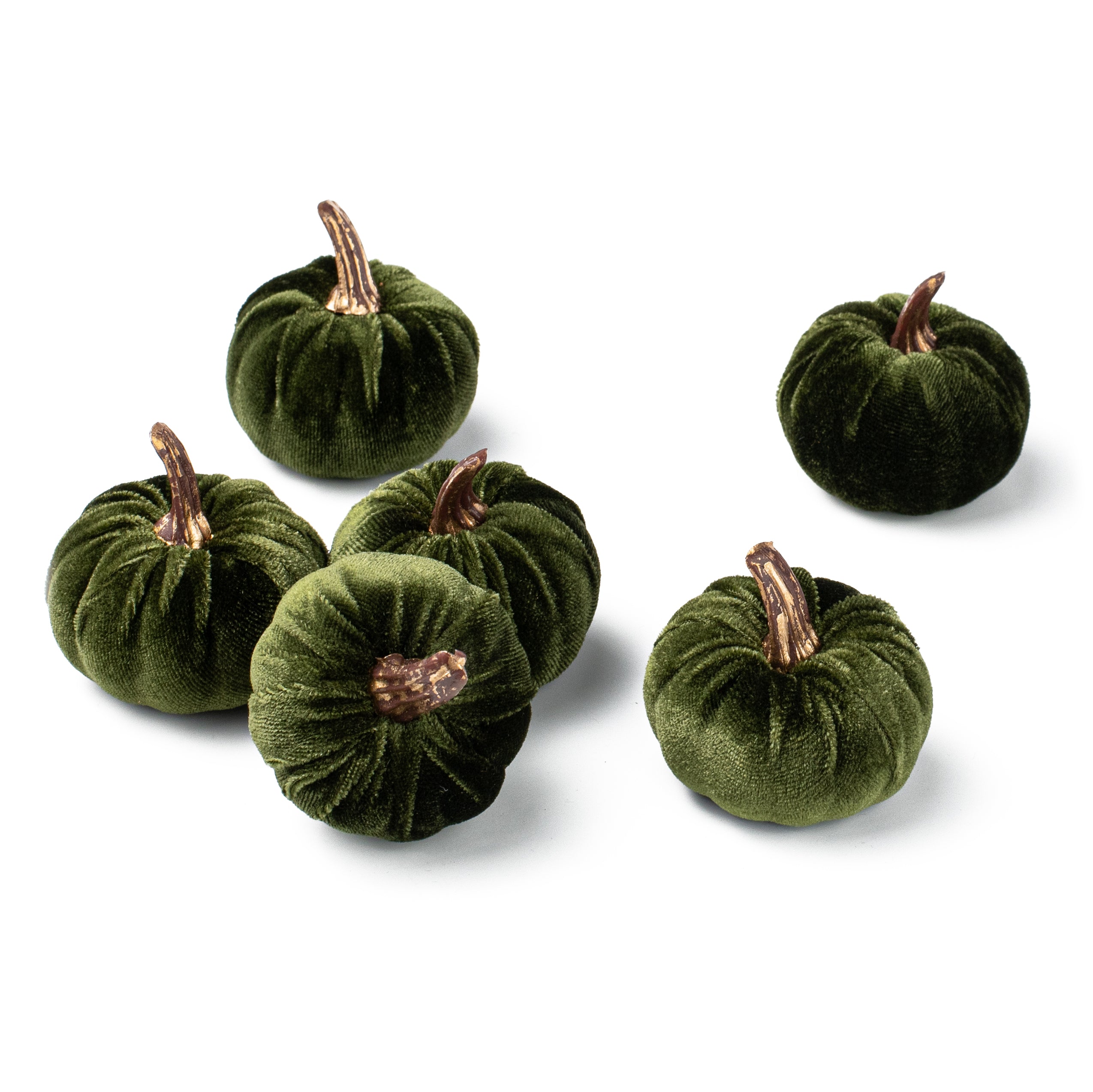2" Velvet Pumpkins with Gold Stems: Moss Green (Pack of 6) Item Number: 31345