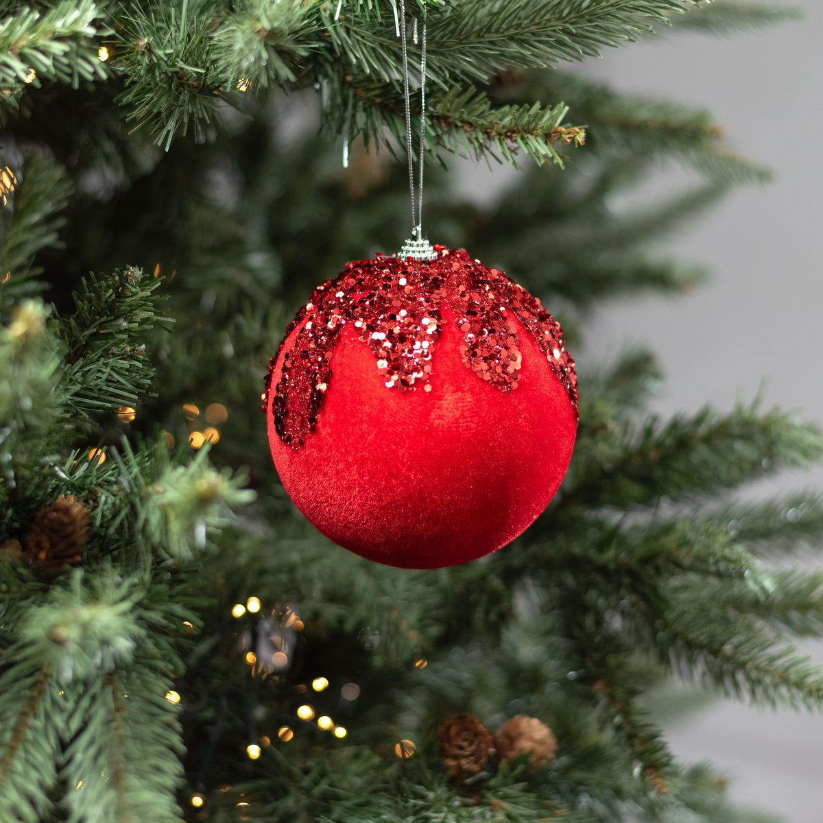 5" Velvet Sequin Drip Ball Ornament: Holiday Red Lifestyle Photo