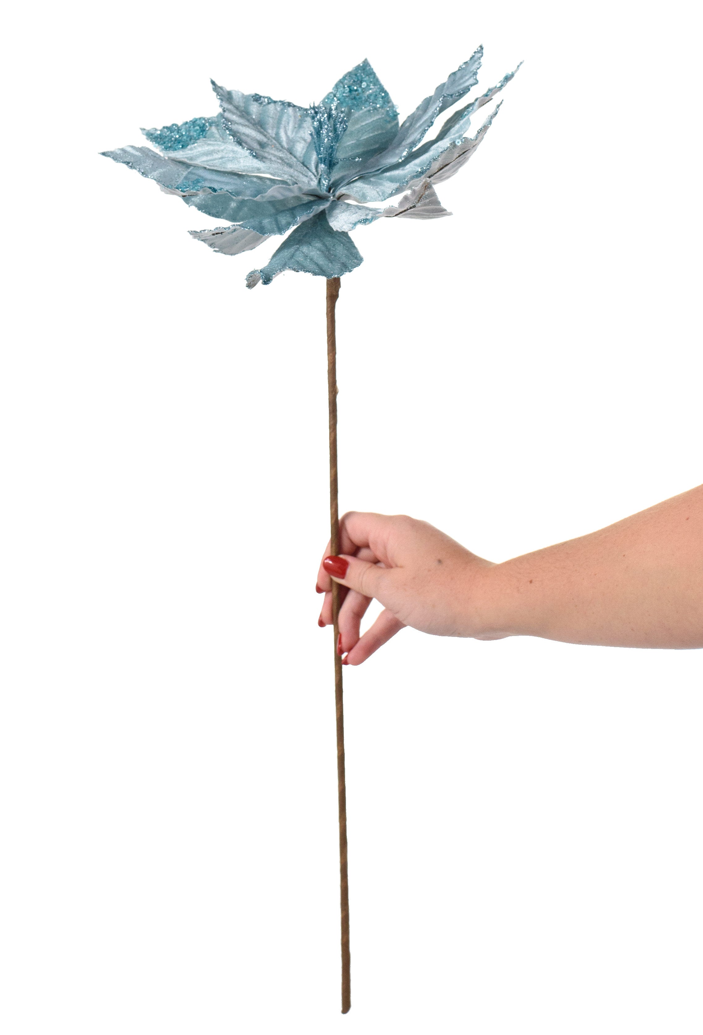 22" Velvet Sequin Poinsettia Stem: Ice Blue detail photo 3