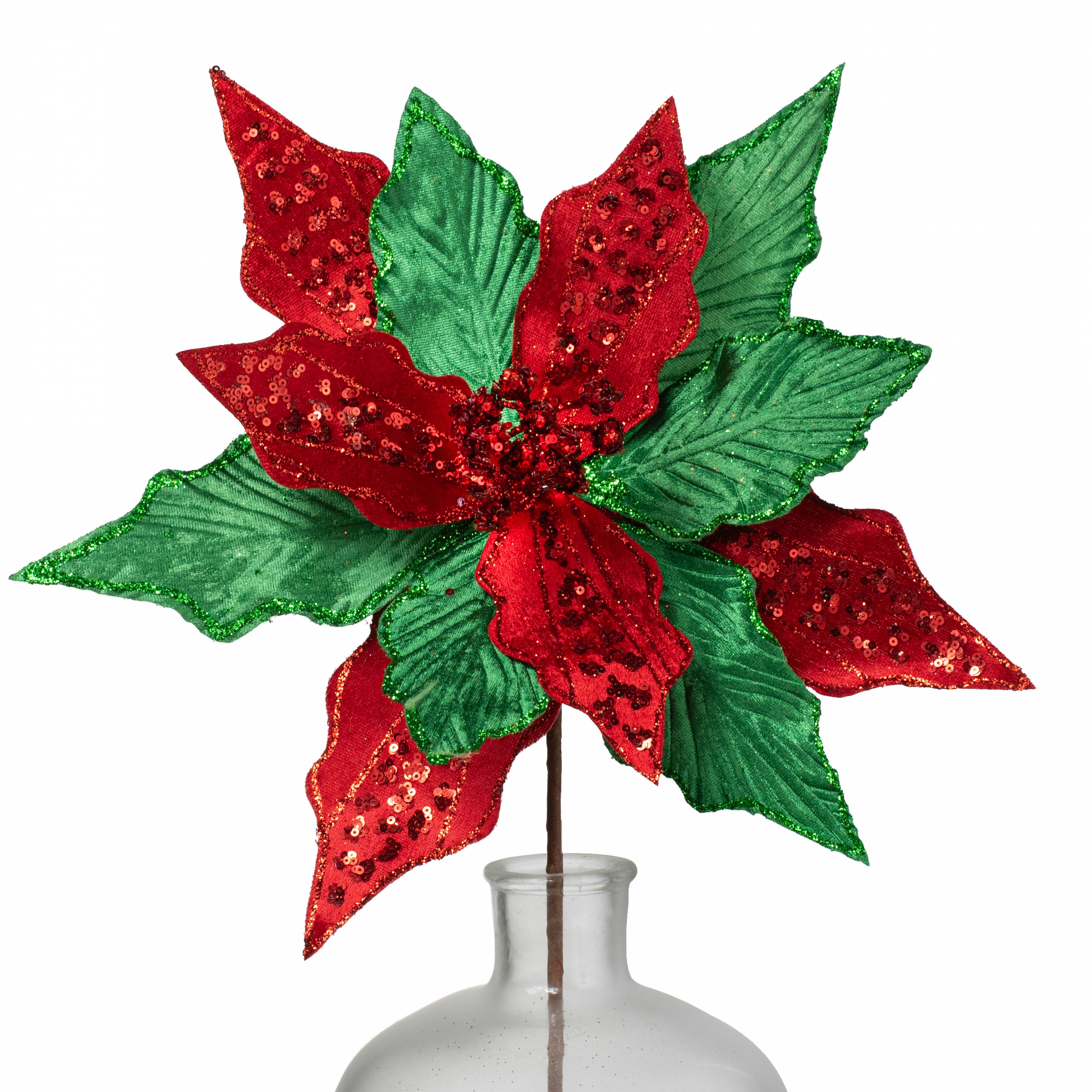 14" x 26" Velvet Sequin Poinsettia Stem: Red & Emerald Green Item Number: 86078RDGN
