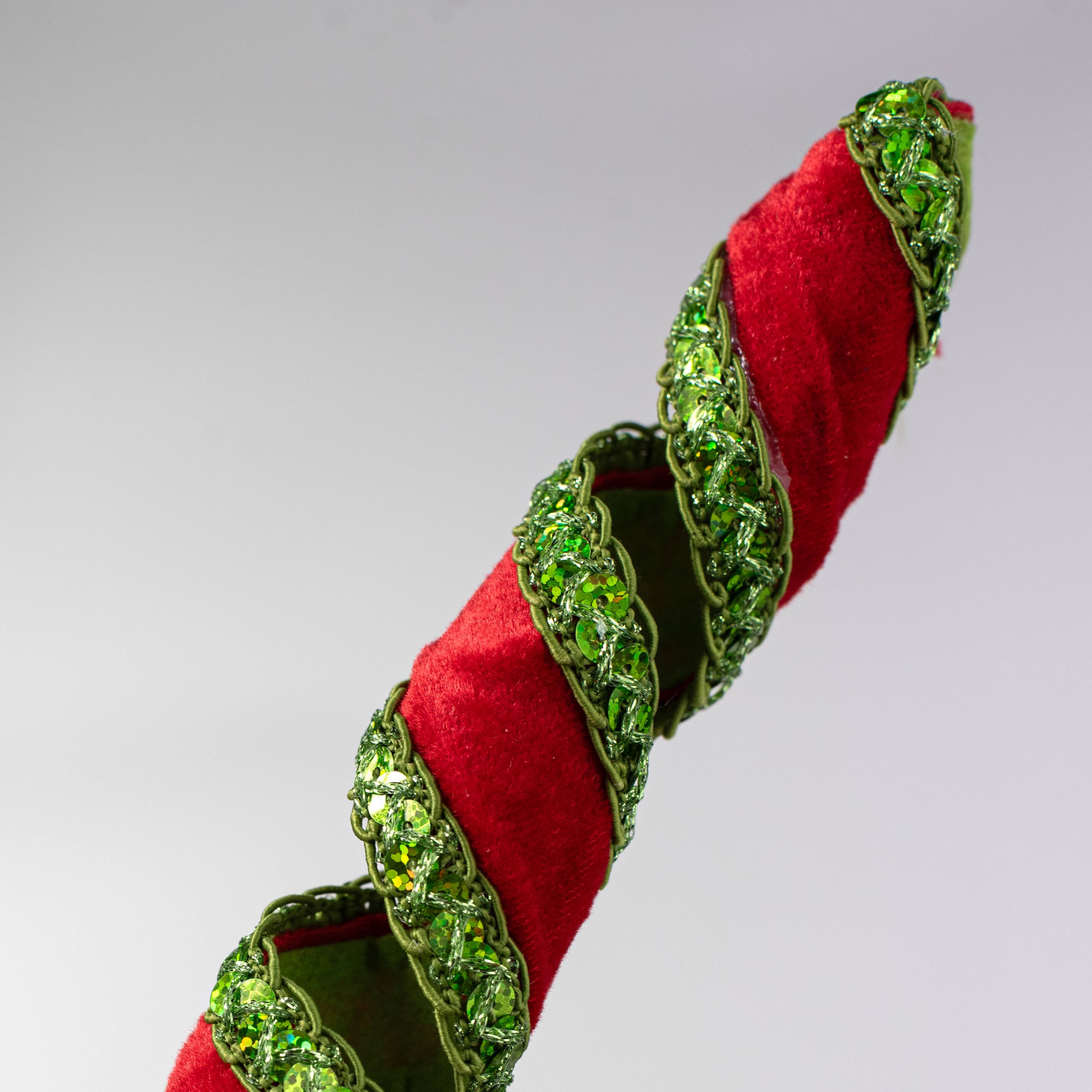 28" Velvet and Sequin Trim Curly Spray: Red & Green Lifestyle Photo