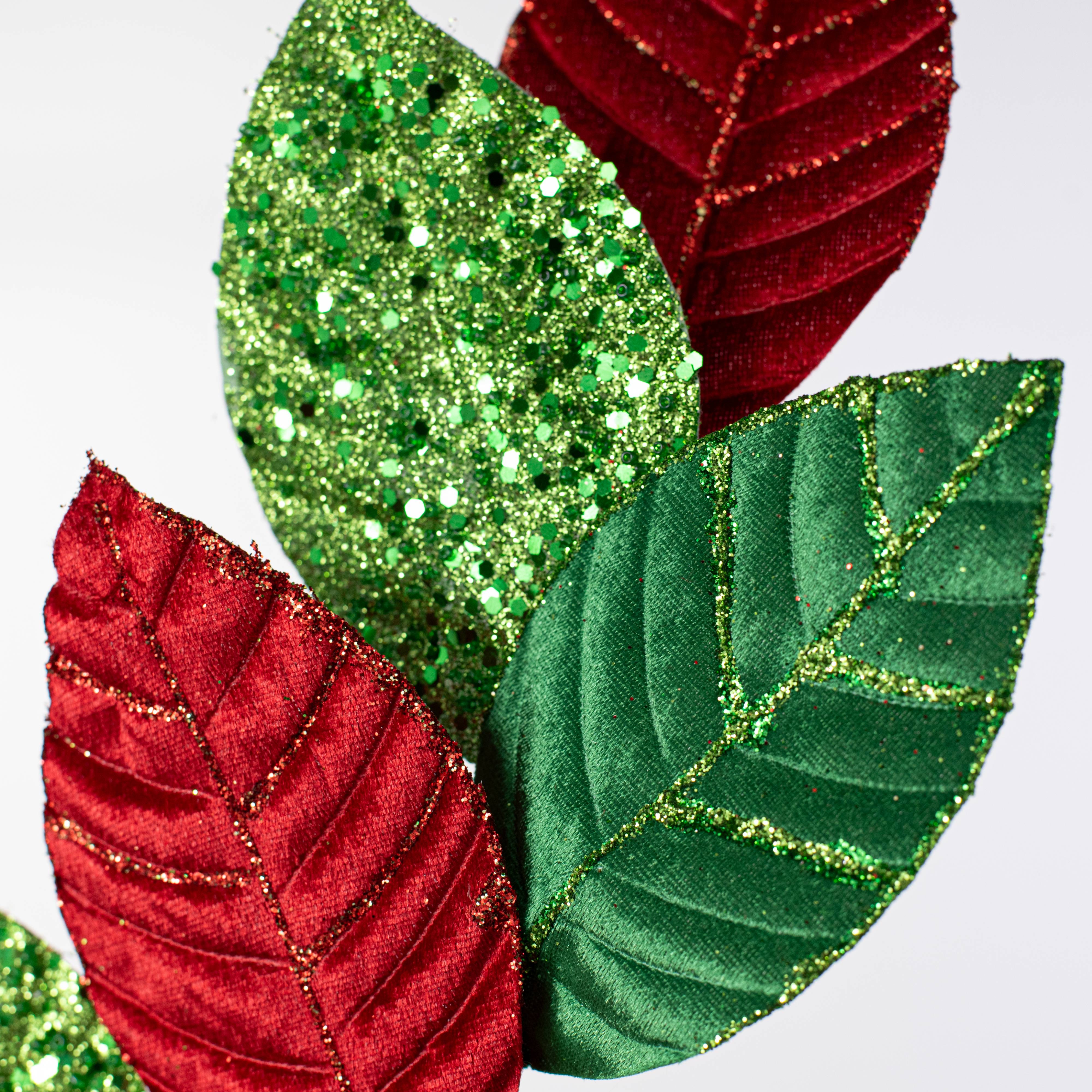 27" Velvet Sequined Leaves Spray: Red & Green Lifestyle Photo