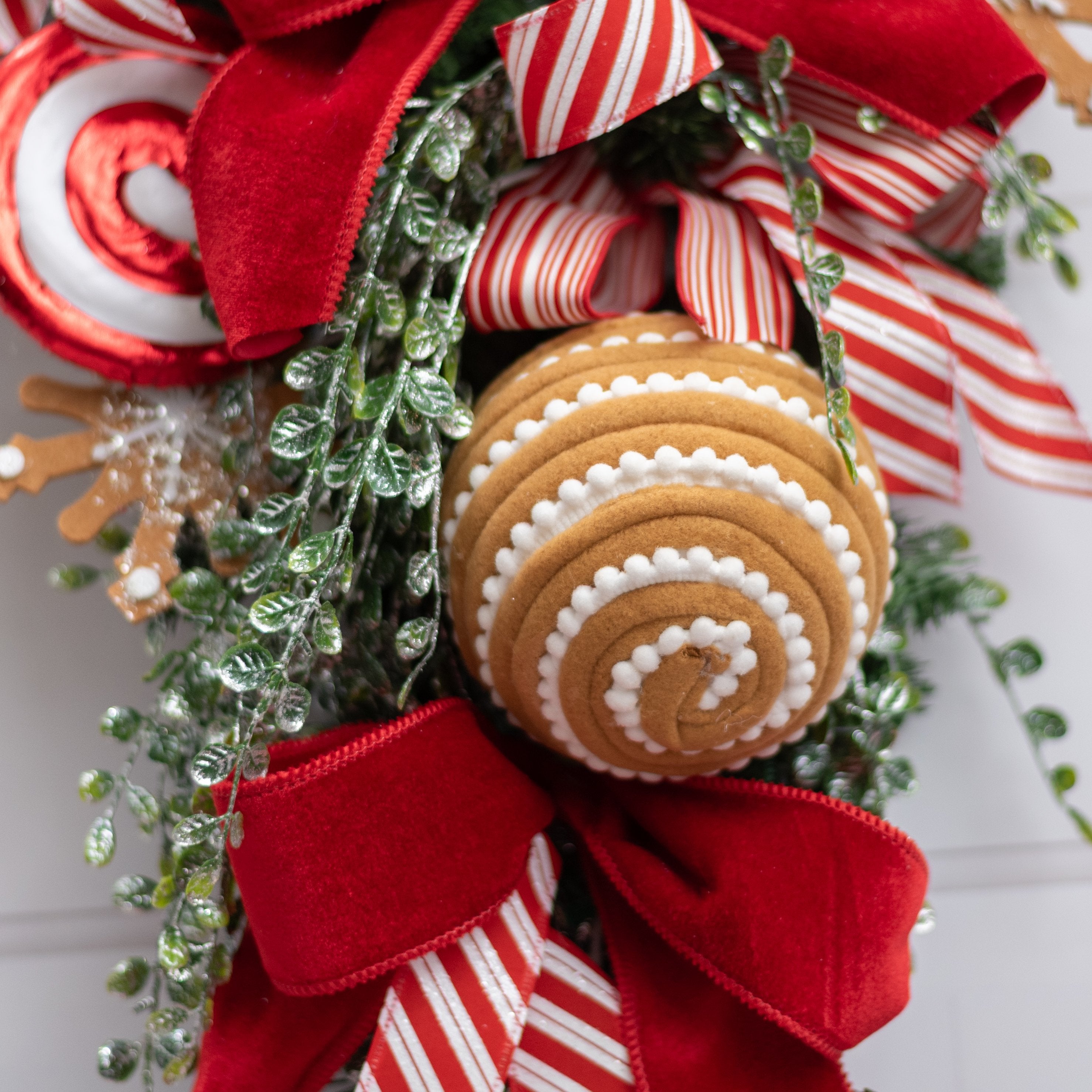 5" Velvet & Snowball Trim Striped Ornament: Brown & White Lifestyle Photo