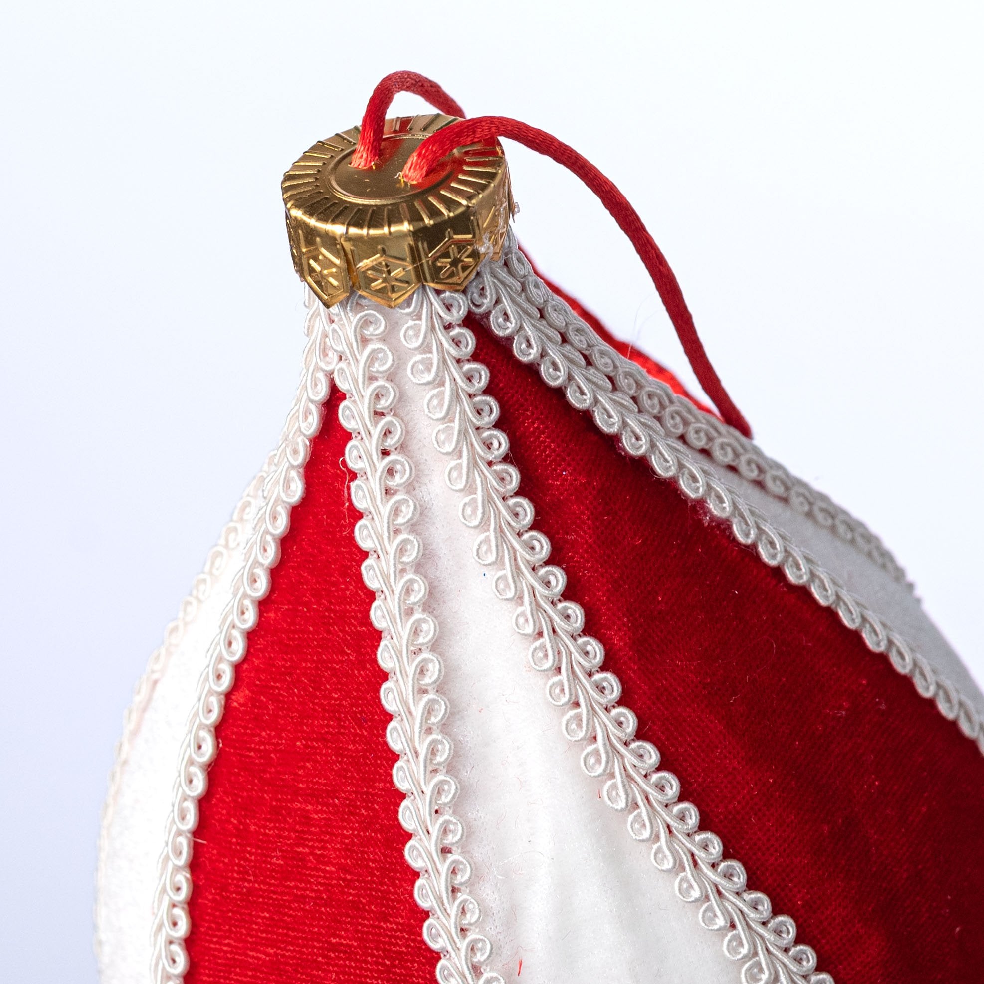 9" Velvet & Trim Finial Ornament: Red & White detail photo 3
