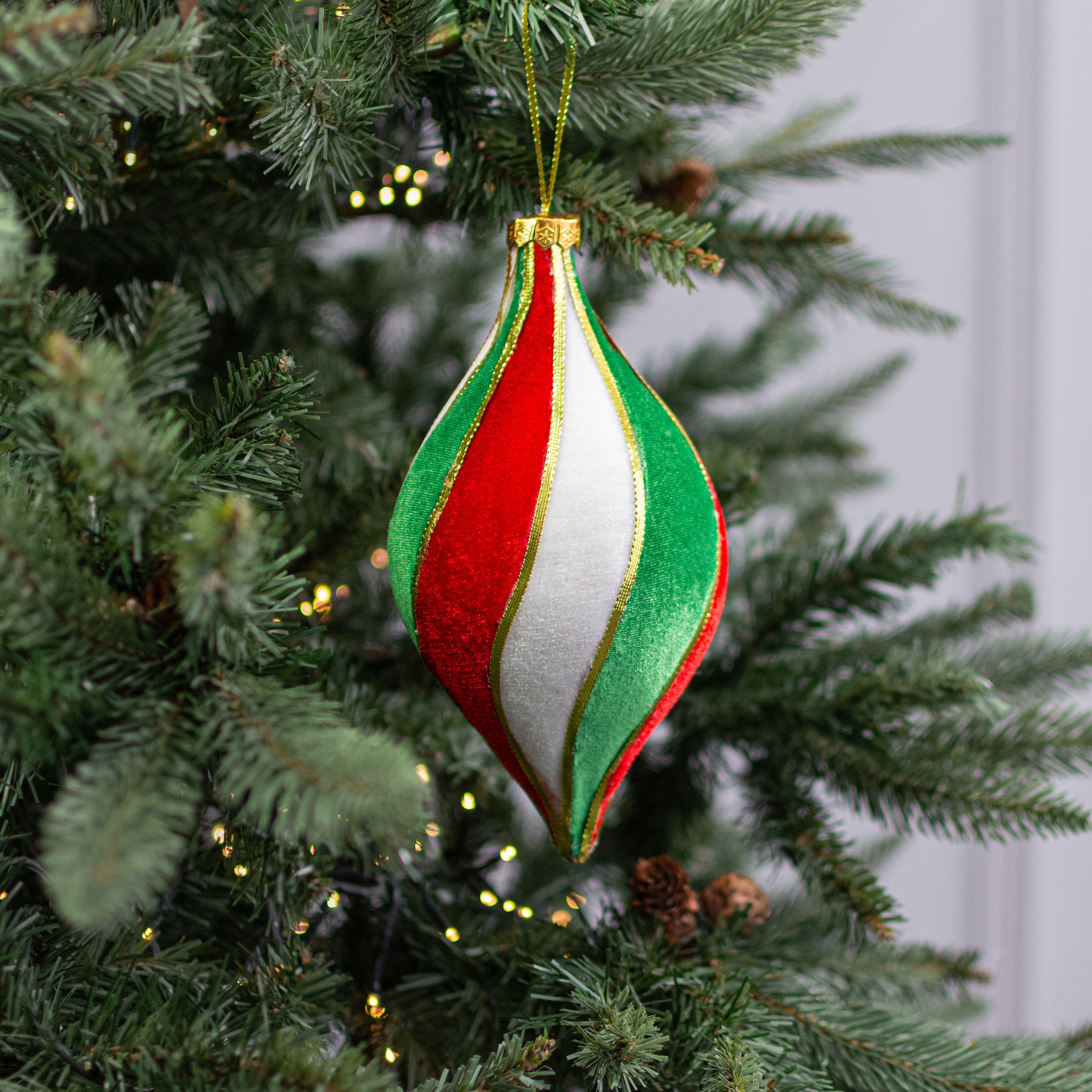9" Velvet & Trim Finial Ornament: Red, White & Green Lifestyle Photo