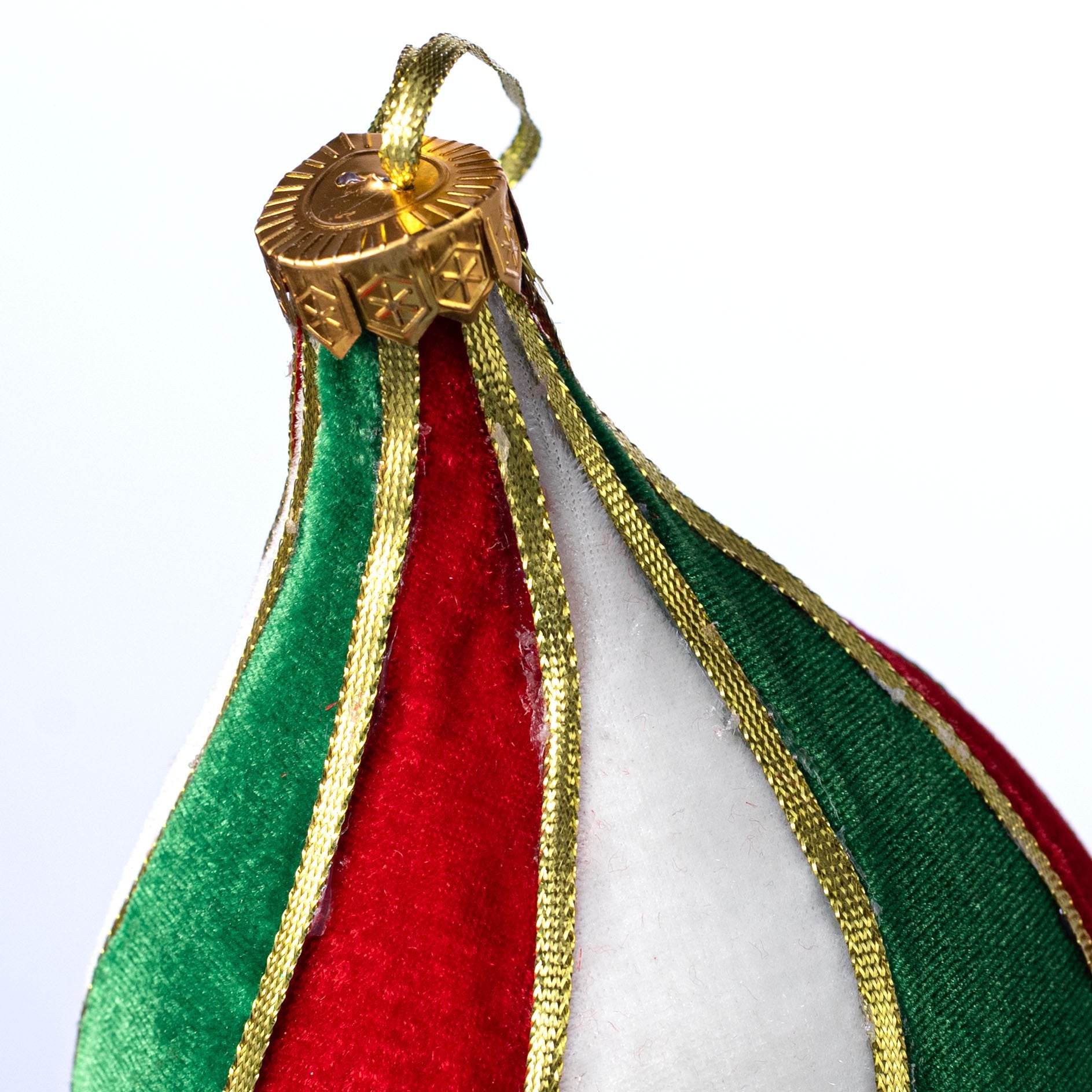 9" Velvet & Trim Finial Ornament: Red, White & Green detail photo 3