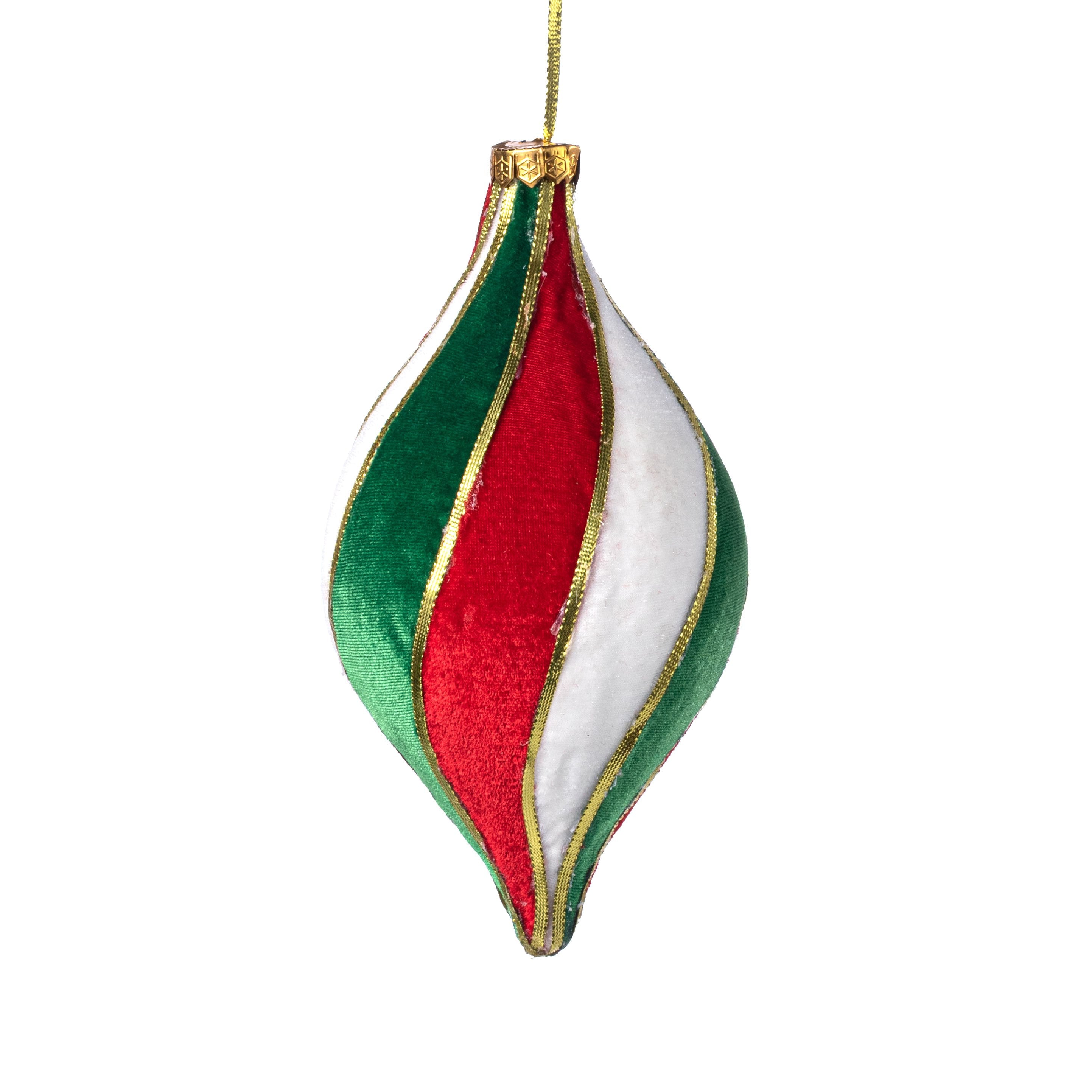 9" Velvet & Trim Finial Ornament: Red, White & Green Item Number: 86980RWG