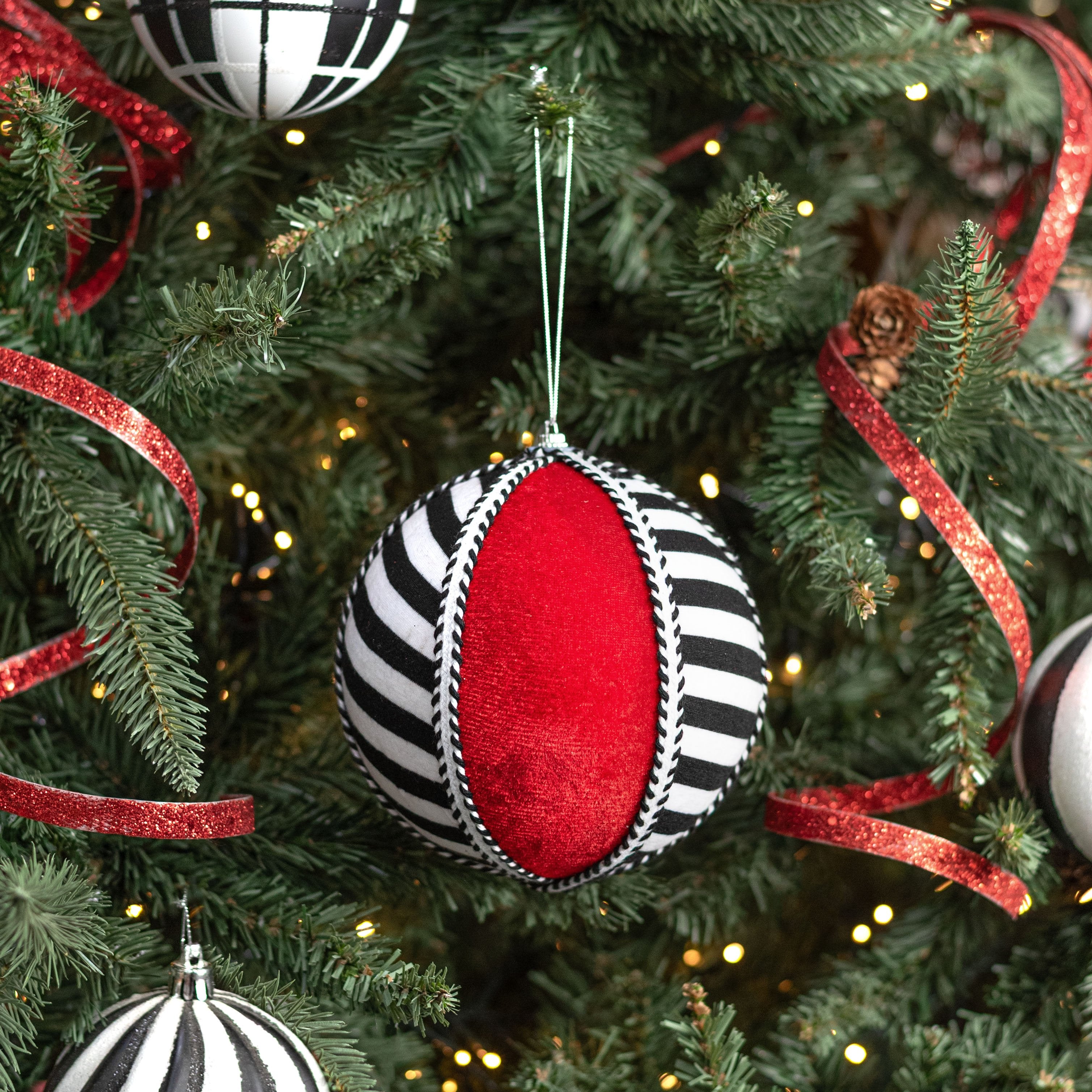 6" Velvet & Trim Stripe Ball Ornament: Red, Black & White Lifestyle Photo