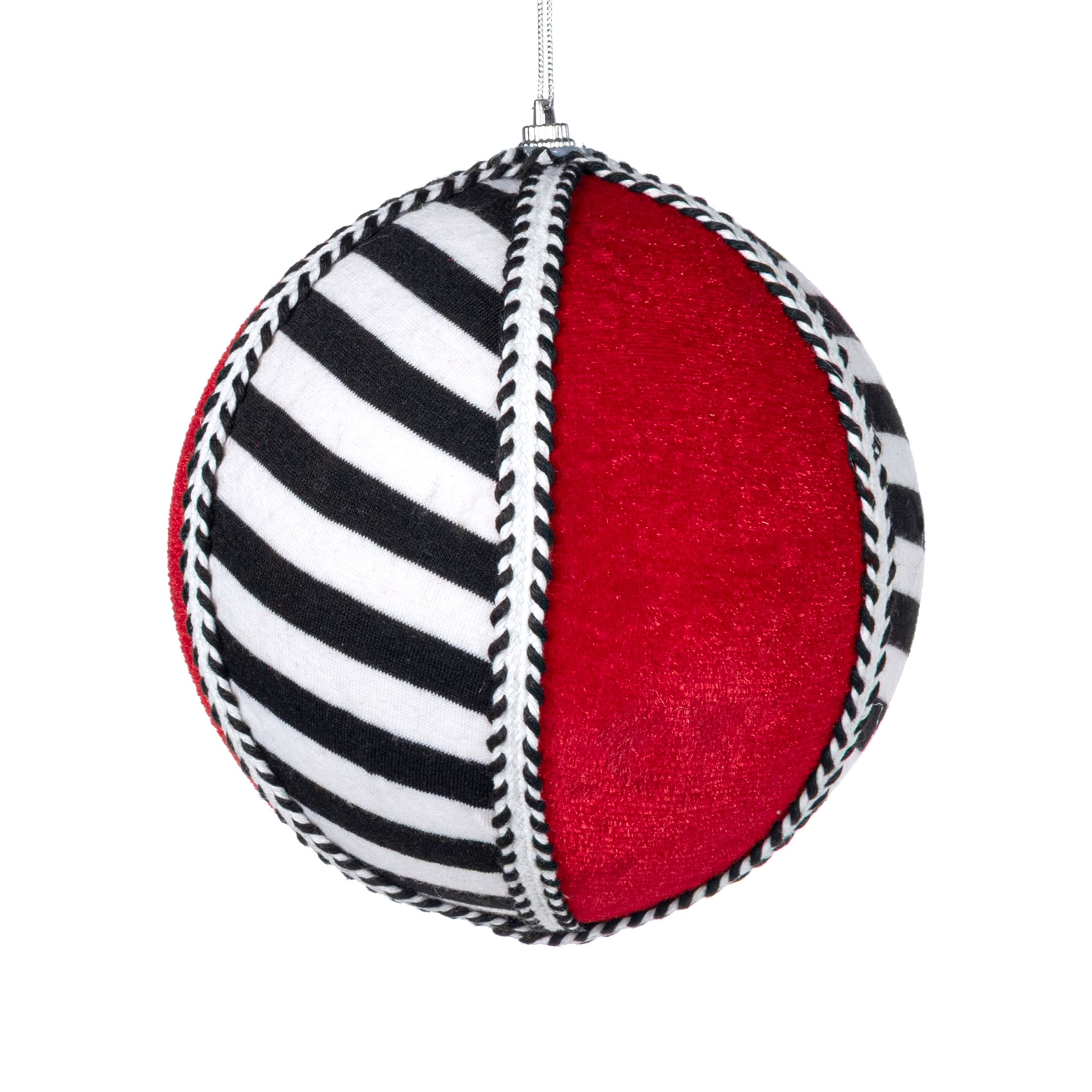 6" Velvet & Trim Stripe Ball Ornament: Red, Black & White Item Number: 86282RDBKWT
