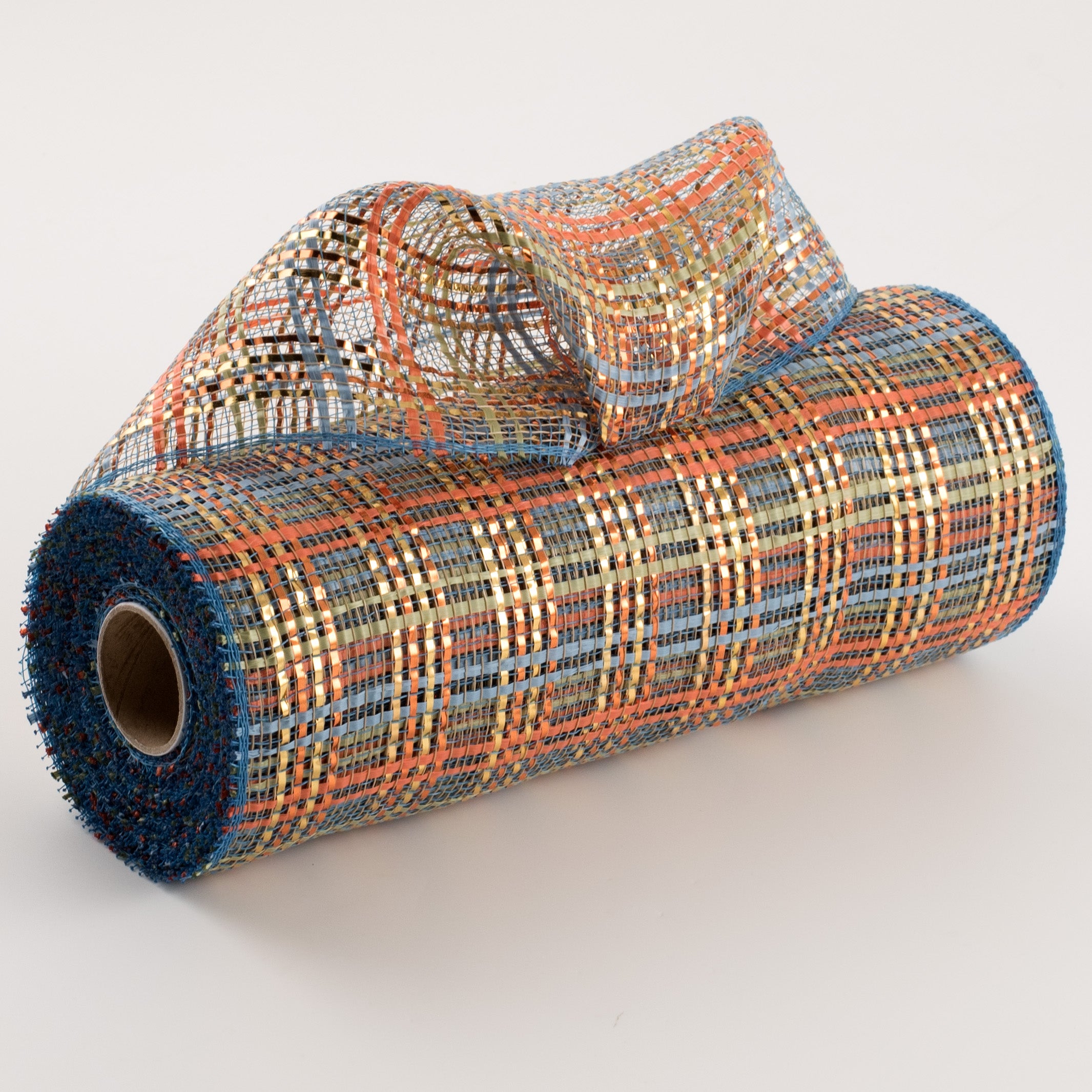 10" Vertical Foil Plaid Mesh: Smoke Blue, Orange, Gold, Sage Item Number: RE1368XF