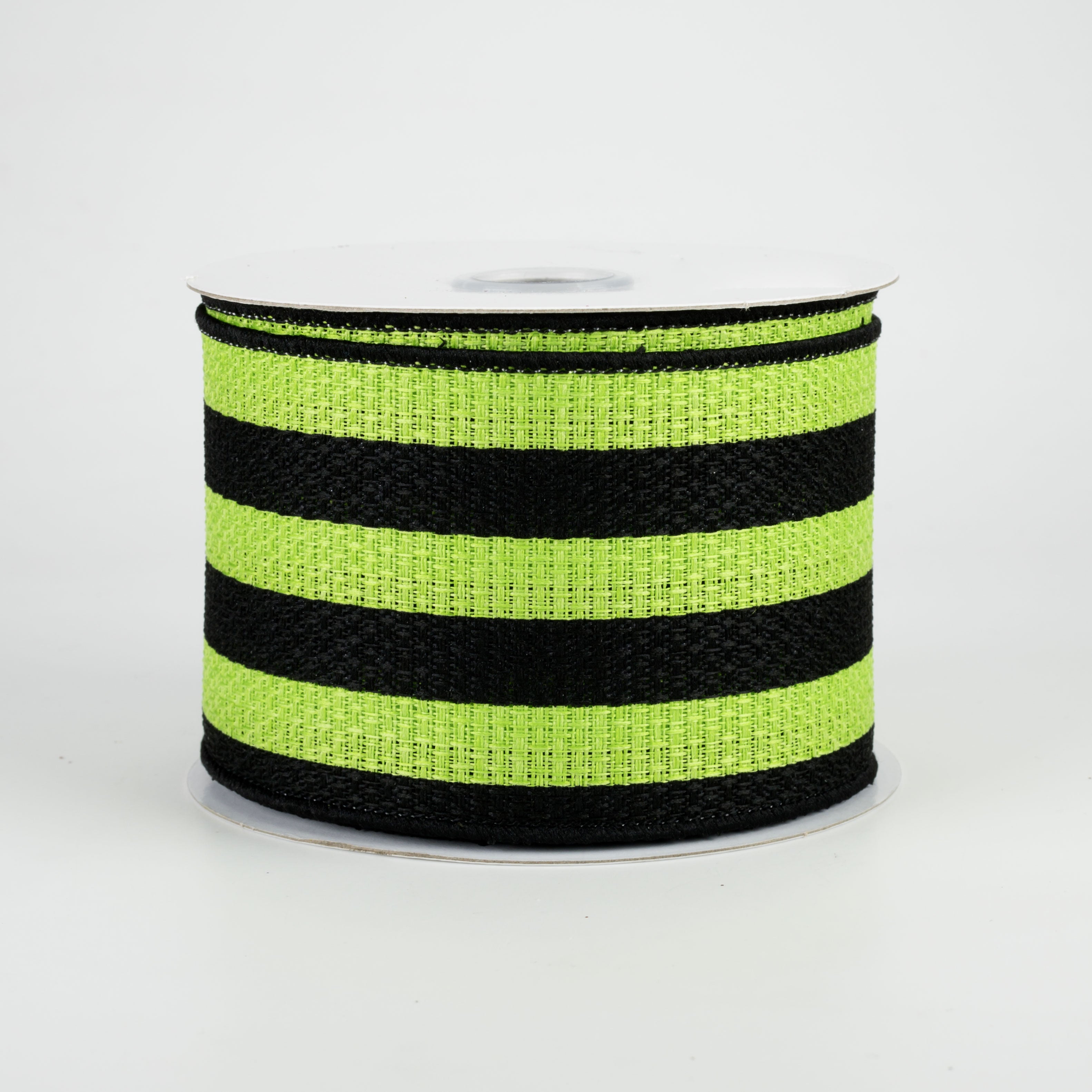 2.5" Vertical Stripe Faux Burlap Ribbon: Black & Lime Green (10 Yards)