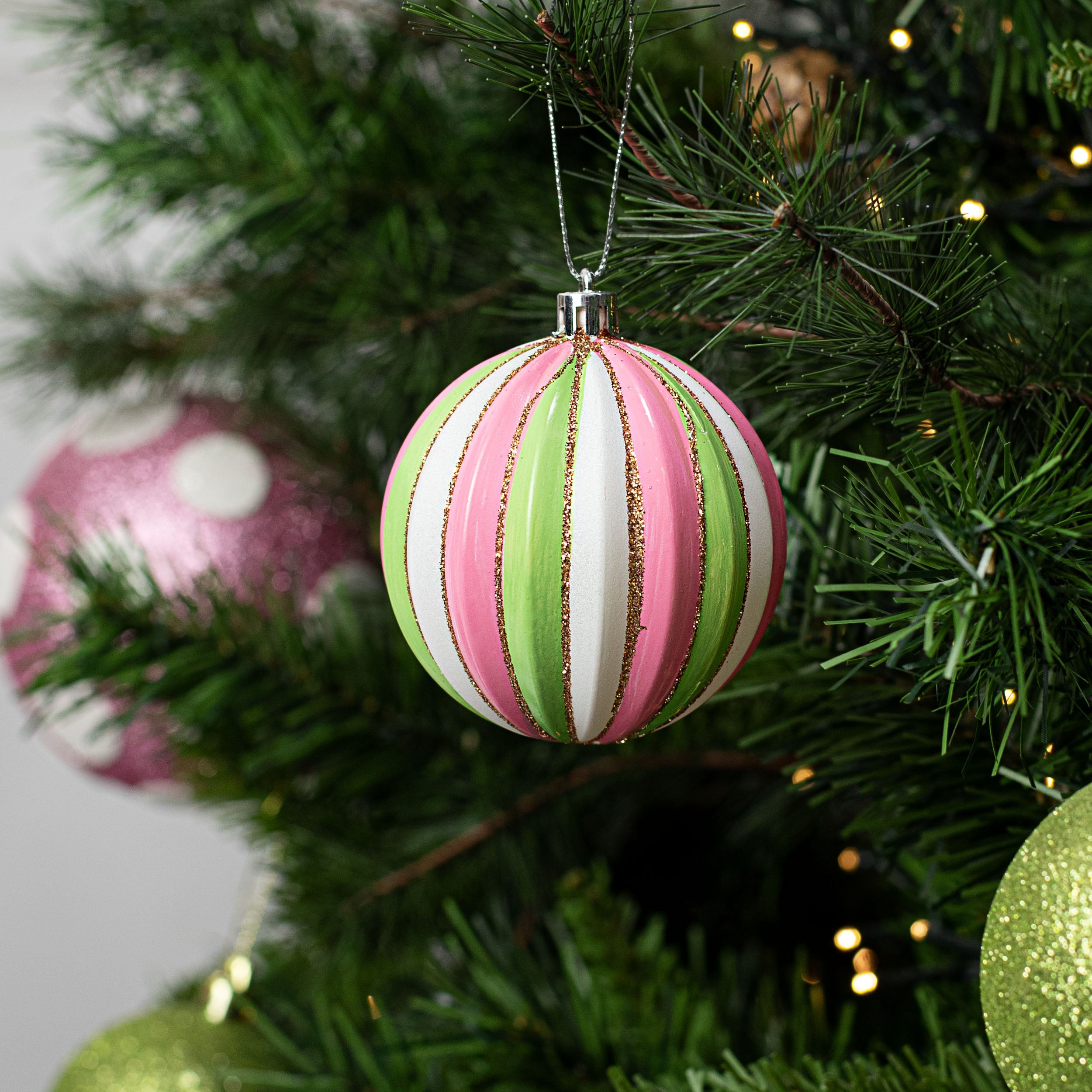3" Very Sweet Stripe Ball Ornament: Pink & Green Lifestyle Photo