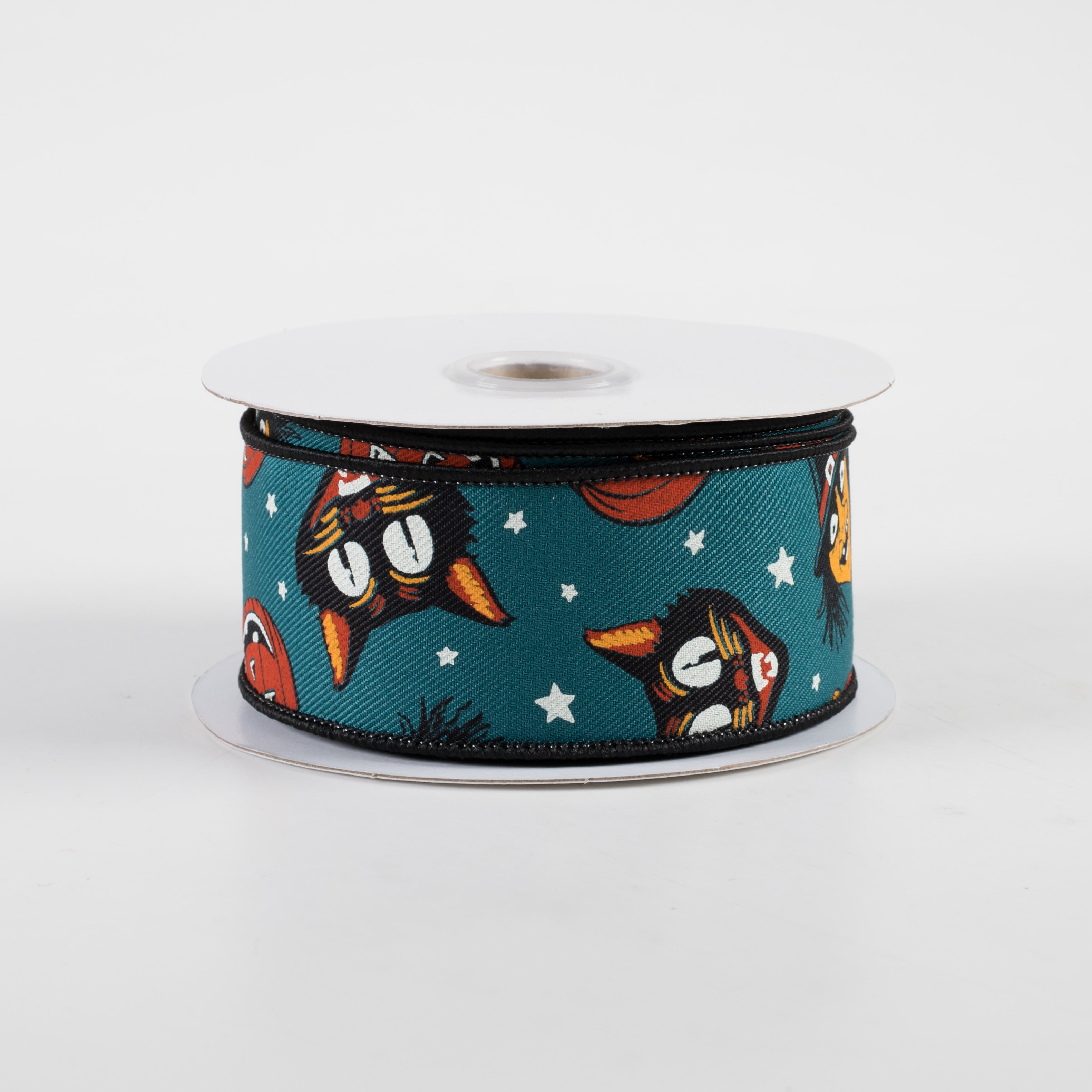 1.5" Vintage Cat, Witch, Jack-O-Lantern Ribbon: Dark Teal (10 Yards)